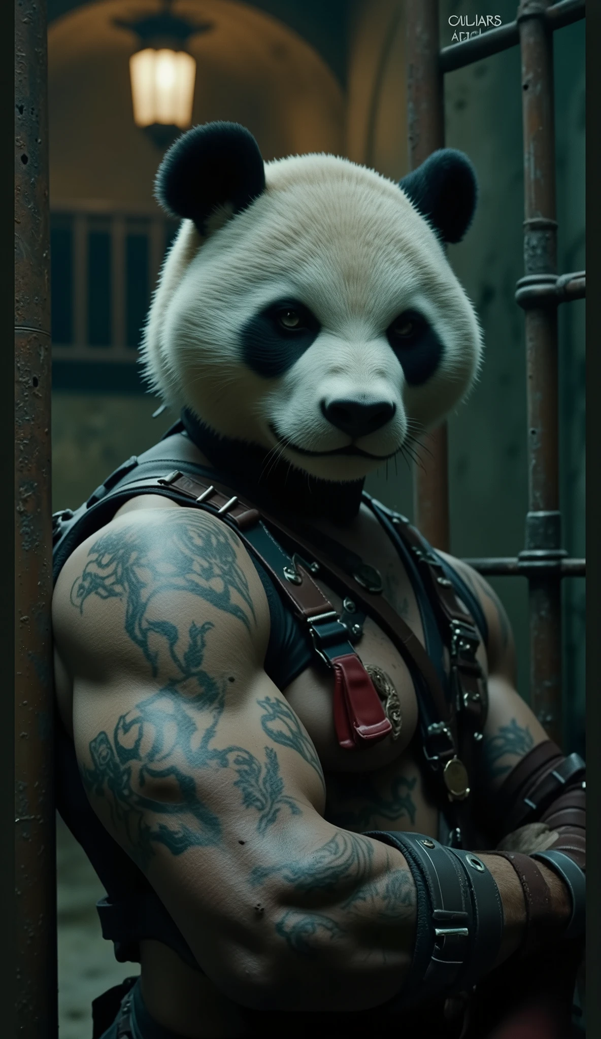 Prompt 5: "Illustrate a hyper-realistic image of a muscular panda wearing a dark tank top, leaning against a wall with multiple cigarettes in its mouth. The panda is exhaling a thick, swirling cloud of smoke, its face showing a happy, contented grin, but with a glint of mischief in its eyes. The background is a dark, smoky urban setting with flickering neon lights and an industrial feel, adding to the panda's challenging demeanor."