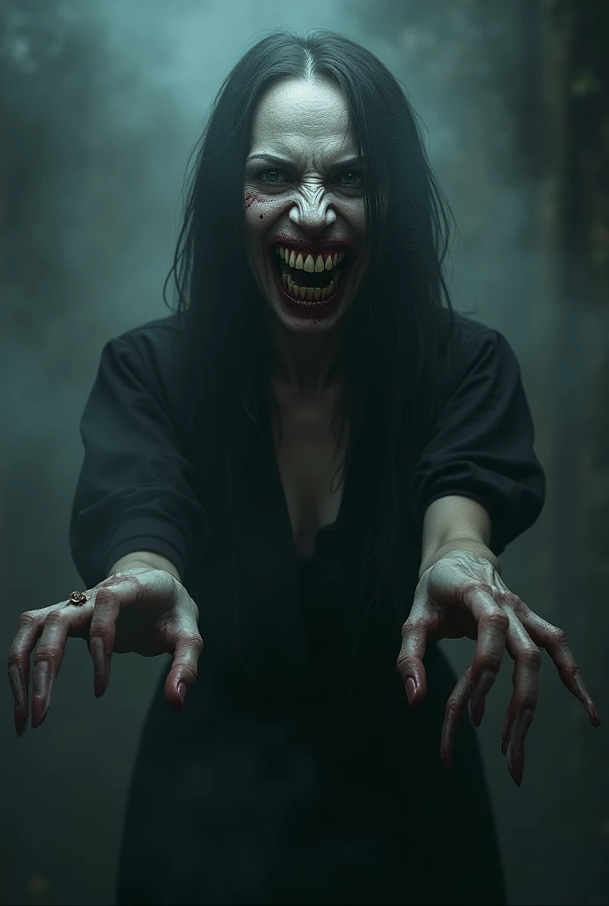 score_9, score_8_up, score_7_up, score_6_up, score_5_up, score_4_up, realistic style, photo, photorealistic, high detail, (sharp), (horror photo), cowboy shot, hideous witch, demon, (scary creature), scary face, pale skin, ugly face, demonic gaze, vampire fangs, looking at viewer, (graveyard background), night, (pitch darkness), dim moonlight, (great facial detail)