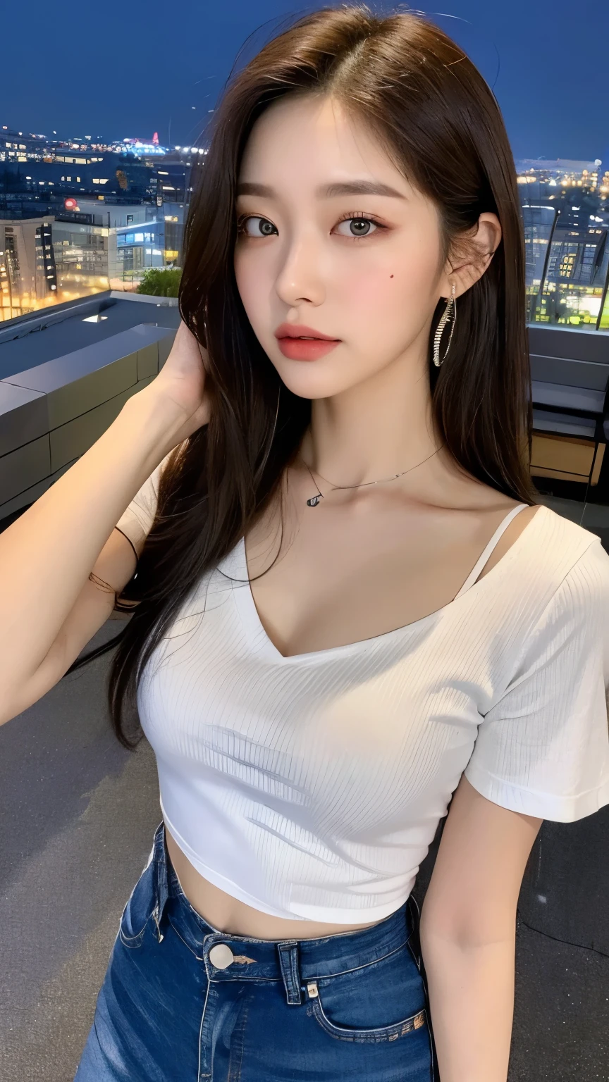 A woman in a white t-shirt poses for a photo, a picture inspired by Ma Won-woo, tumblr, realism, dilraba dilmurat, beautiful korean woman, korean girl, cute korean actress, beautiful korean young woman, gorgeous korean young woman, young cute korean face, Kim young-hin, Nguyen Jia-beautiful! , Korean female fashion model