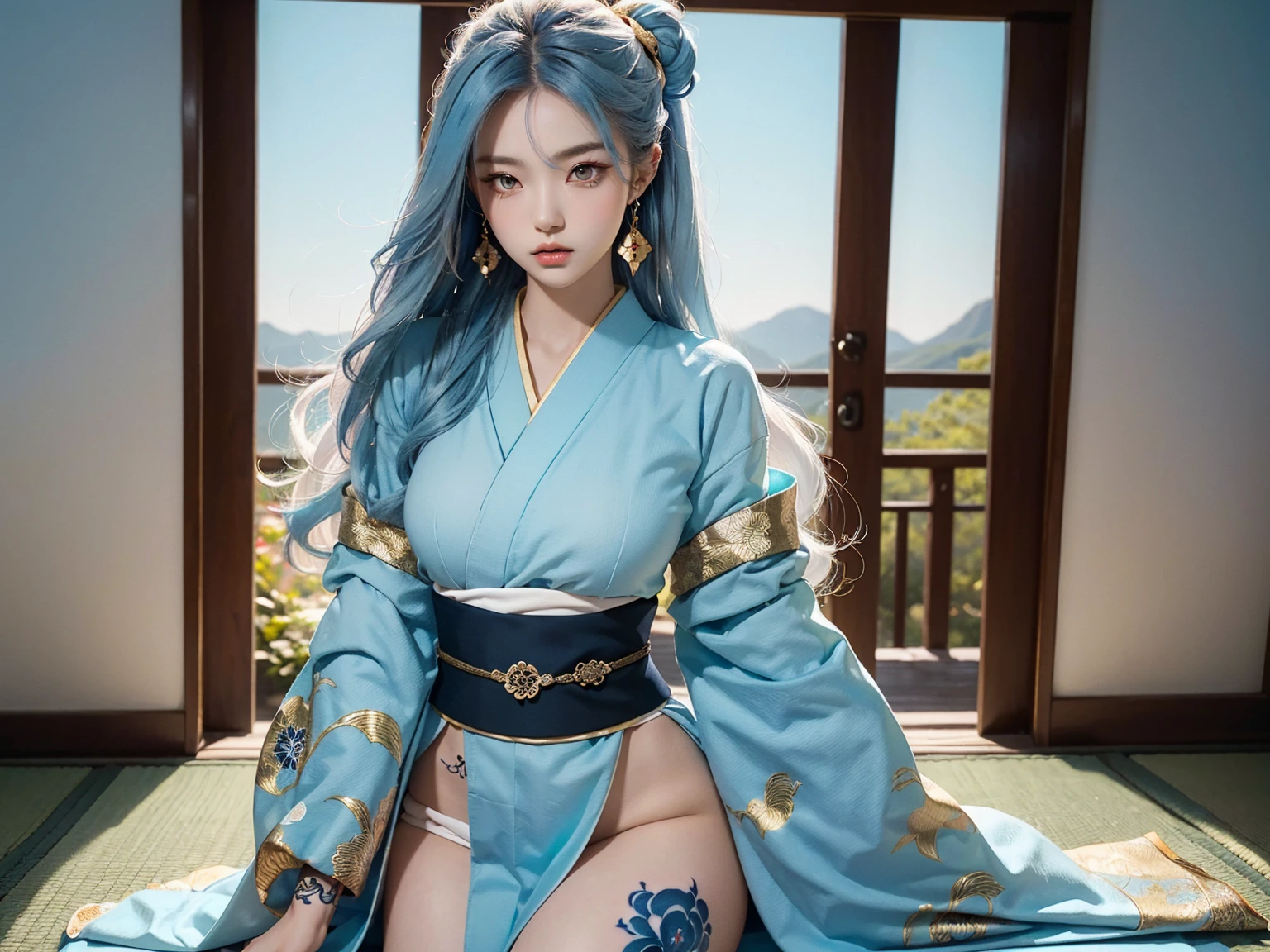 One girl, Raiden Shogun, detailed clothes, white clothes, blunt bangs, braid, (middle chest: 1.4), cleavage, wide-sleeved kimono, hair ornament, white kimono, (red belt: 1.4), (pale light blue hair: 1.4), very long hair, straight hair, fine face, cool face, (smooth chin: 0.85), mouth closed, looking at the beholder, beautiful eyes, detailed eyes, skirt, pose, (cherry tree: 1.5), Photon mapping, physically based rendering, RAW photography, (forest: 1.5), (realistic photo: 1.35), high resolution, perspective, front, half body, backward, (ulzzang-6500: 0.725), alley,