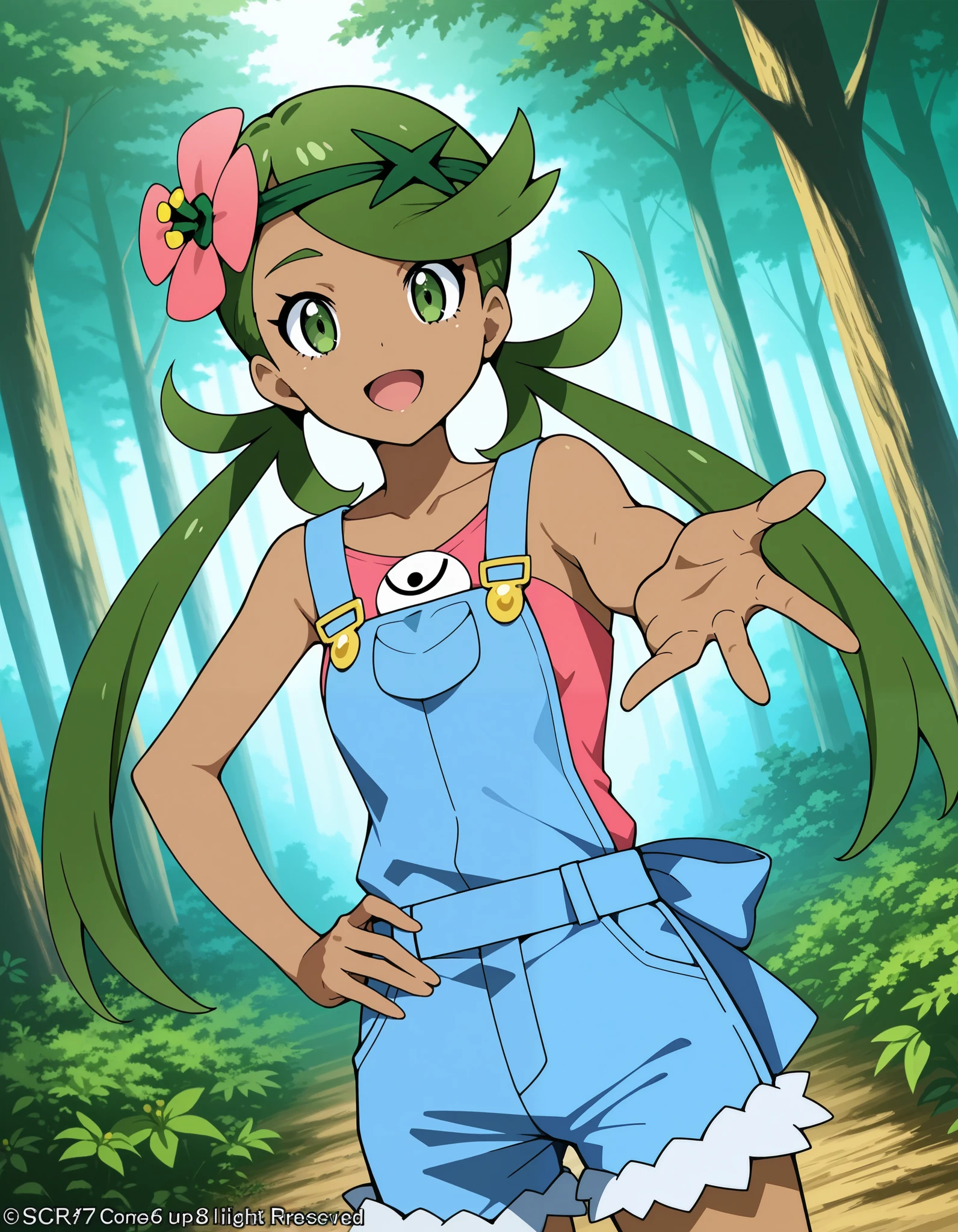 score_9, score_8_up, score_7_up, source_anime, mallow, 1girl, solo, long hair, bangs, hair ornament, twintails, green eyes, flower, green hair, hair flower, dark skin, dark-skinned female, swept bangs, mallow (pokemon), collarbone, sleeveless, pink shirt, denim overall, forest, standing, hand on own hips, outstretched own palm , smile, open mouth, looking at viewer. Dutch angle.