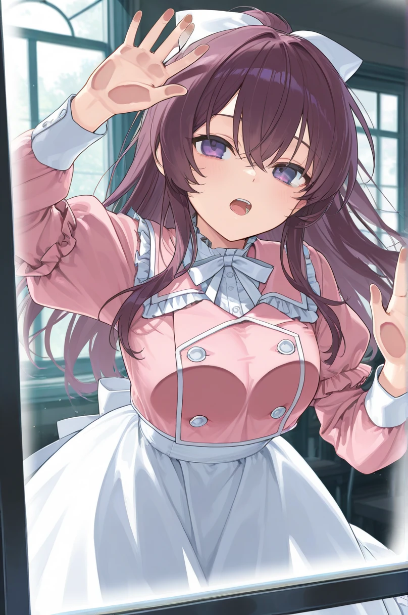 masterpiece, best quality, highres, 1girl, hi1, purple hair, purple eyes, huge breasts, hair bow, skirt, pants, white shirt,(((lift skirt,lace panties))),blush,smile