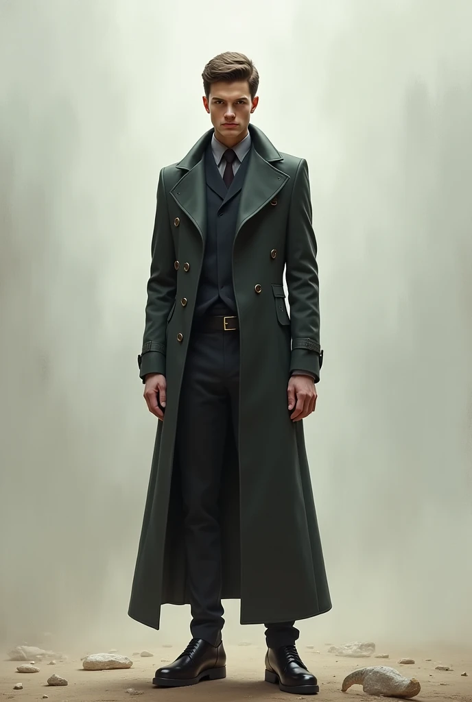 ((pixarstyle)), a fantasy photo of the man with the android head, bald and black goatee, tnteiro body rotated to the right, wearing a green coat, lilac shirt, black pants, looking at the camera, which would download this model, hdr photo, hyper realistic photography, green background, best quality, 50mm f/2.8, photography by gigachad weekly and GQ magazine, Trending on Flickr