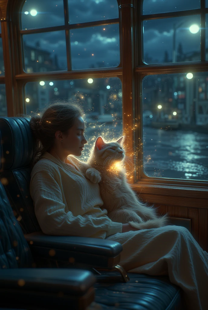 ((masterpiece, highest quality, Highest image quality, High resolution, photorealistic, Raw photo, Extremely detailed CG unified 8k wallpaper)), Cute Animals' Journey, a long-distance bus late at night, a kitten looking out the window on the lap of a sleeping woman,