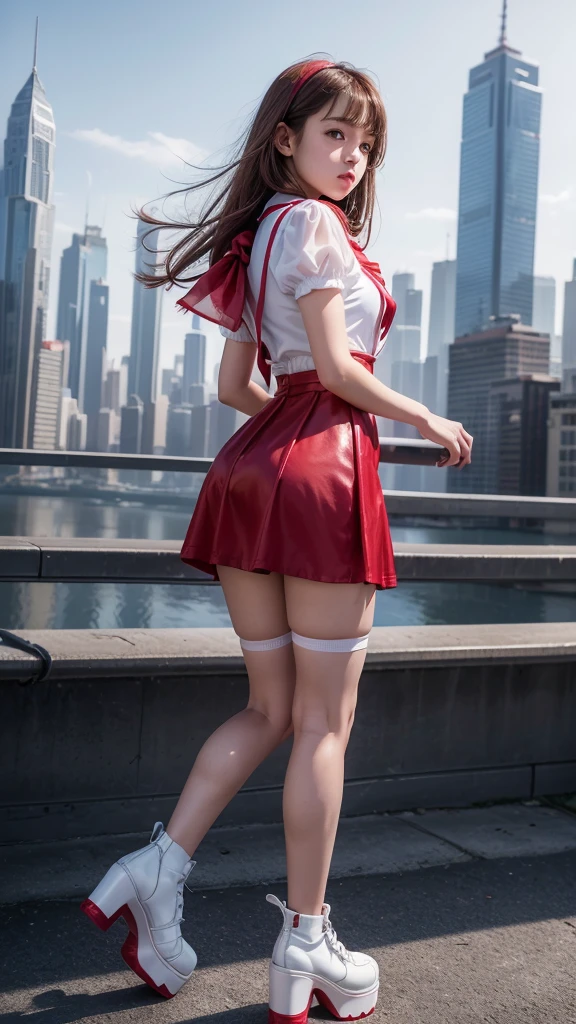 realistic, 1 women, best quality, 12k, HD, long hair, big round breasts, cleavage, ponytail, necklace, jewelry, shorts, short jacket, slim hips, hair tie, yellow eyes, black hair, super detailed, Eye details, hair details, person details, mouth details, face details, breast details, clothes details, hair details, pants details, hand details, whole body