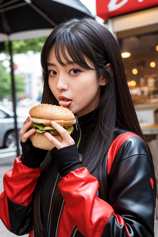 Kim Jennie de blackpink con el cabello rubio claro, cabello rubio con ondulado, cabello de color rubio ondulado, with small fringes, ojos color negro, nariz respingada y bonita, labios gruesos, Cupid and heart shaped lips., labios rosas, pale, white skin, piel bonita y suave, con pecas y lunares, cejas bonitas, marked and beautiful clavicle, mientras tiene un gorro en forma de hamburguesa, gorro en forma de hamburguesa, mientras tiene un rosas color rojo tinto en su top, rojo oscuro, con ropa interior femenina, abdomen delgado y bonito, escote desnudo, (pechos grandes, pechos suaves, pechos naturaleientras agarra una rosa, in a room with a pink background, eating hamburgers and asian noodles, con un sombrero de vaquero, con un sombrero de vaquero, mirando a la camara, autofoto