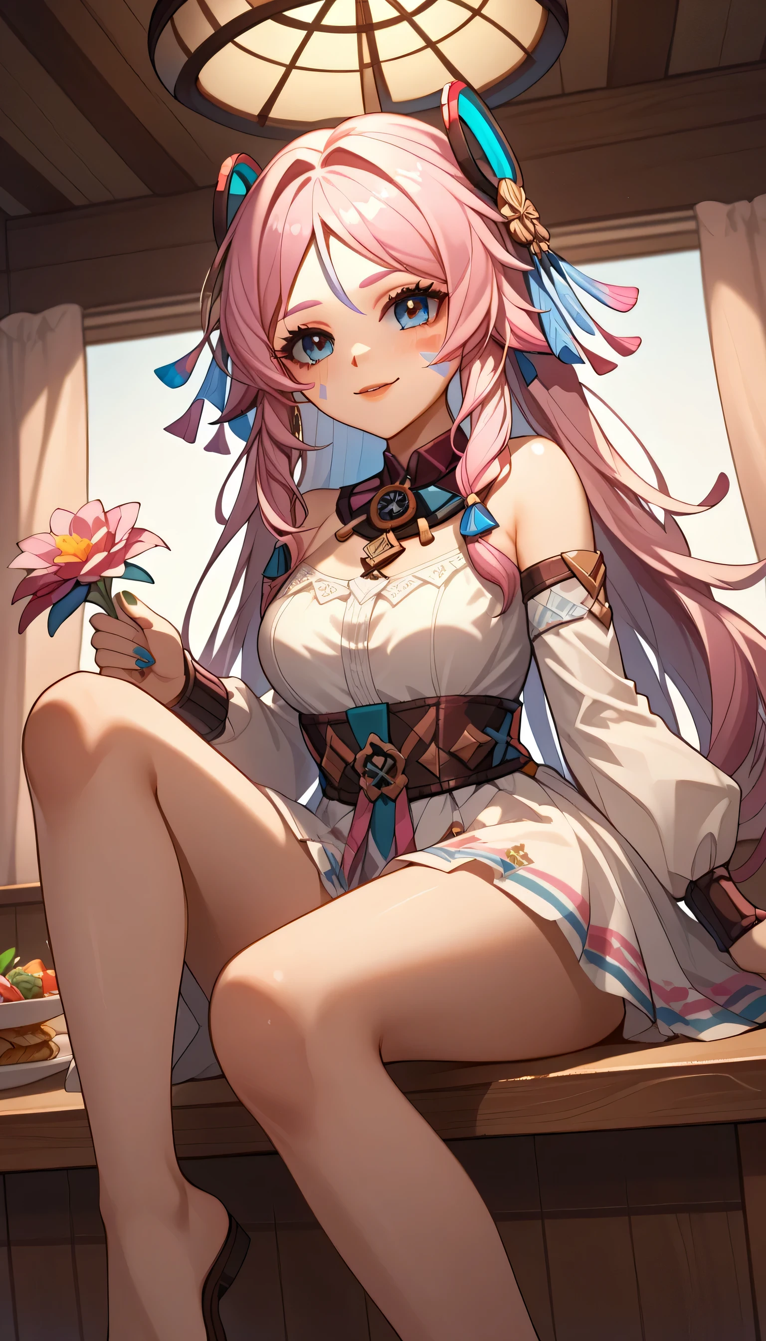 score_9,score_8_up,score_7_up,citlali_(genshin_impact), 1girl, pink hair, hair ornament , racial face marks, solo, medium_breasts, blush, parted_lips, looking_at_viewer,bare_shoulders, Citlali, in a pink Otaku bedroom, girl bedroom, score_9, score_8_up, score_7_up, score_6_up, source_anime, 1girl, full body shot, blushed, full body shot, blue nail polish, in love face, happy, gentle face, messy hair, ,,hair ornament, flower, white dress, frills, traditional clothes, ribbon, puffy sleeves, multicolored clothes, colorful clothes, Mexican restaurant, Mexican house, holding flowers, happy, sexy hips, sexy legs, sexy body, look from below, sitting on table,
