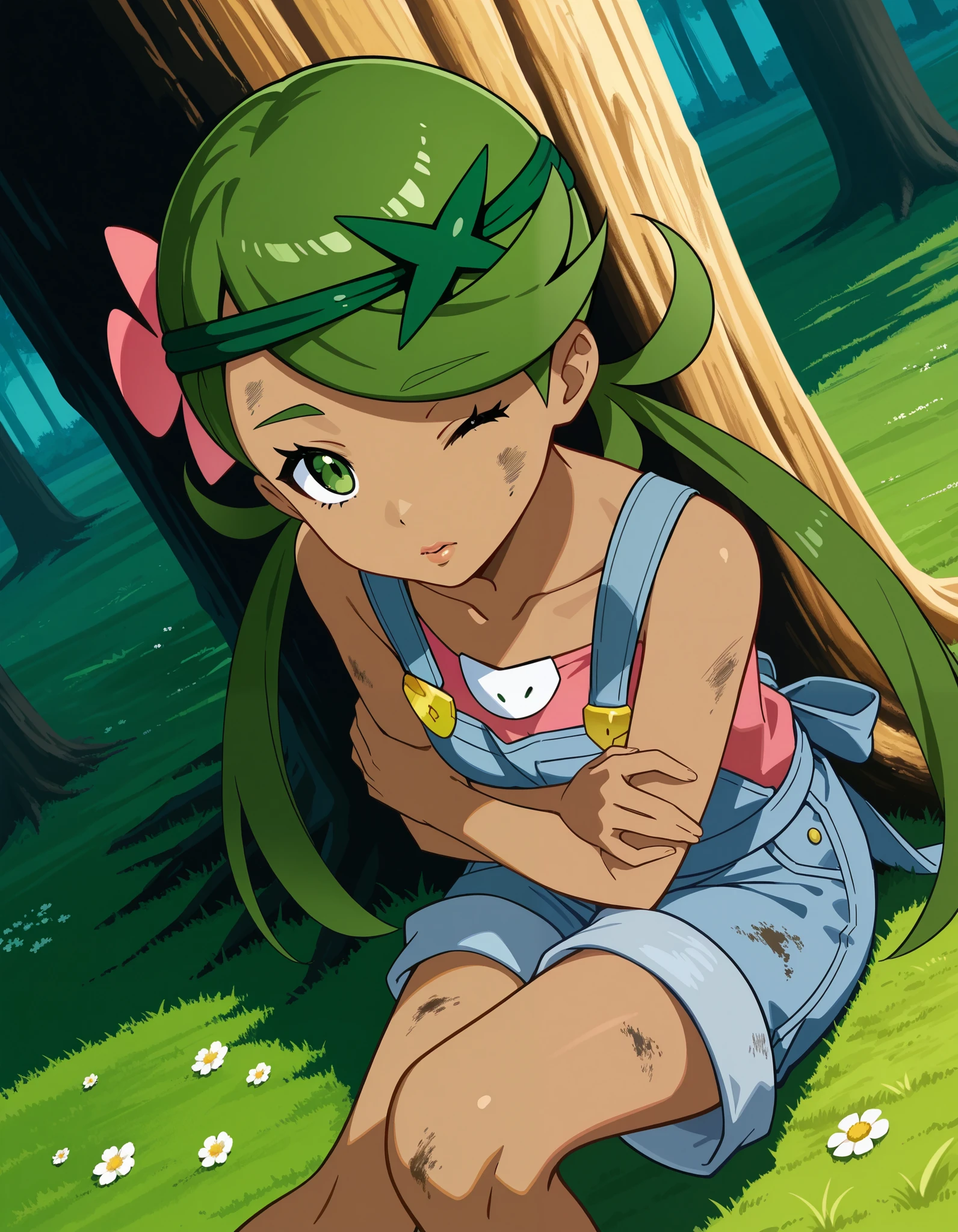 score_9, score_8_up, score_7_up, source_anime, mallow, 1girl, solo, long hair, bangs, hair ornament, twintails, green eye, closed eye, flower, green hair, hair flower, dark skin, dark-skinned female, swept bangs, mallow (pokemon),a tired face, parted lips, looking at viewer, collarbone, sleeveless, pink shirt, denim overall, dirty, forest, against tree, on the floor, grass, sitting, knee bent, hand on own arm, from above. Dutch angle.