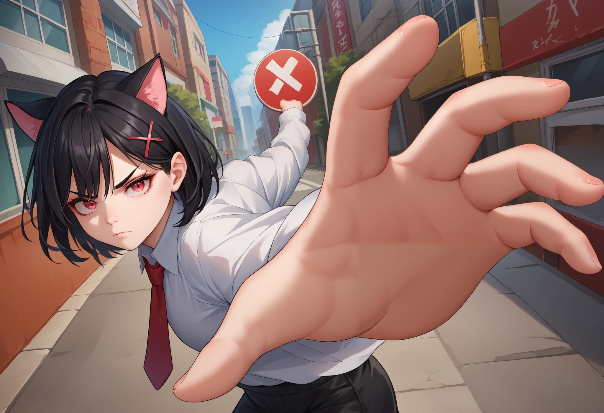 score_9, score_8_up, score_7_up, source_anime, solo, 1girl, junkotvvxl, serious, looking at viewer, IncrsPunchMeme, incoming punch, black hair, red eyes, cat ears, hairclip, x hair ornament, pink eyes, white shirt, red necktie, long sleeves, black shorts, outdoors, city street 
