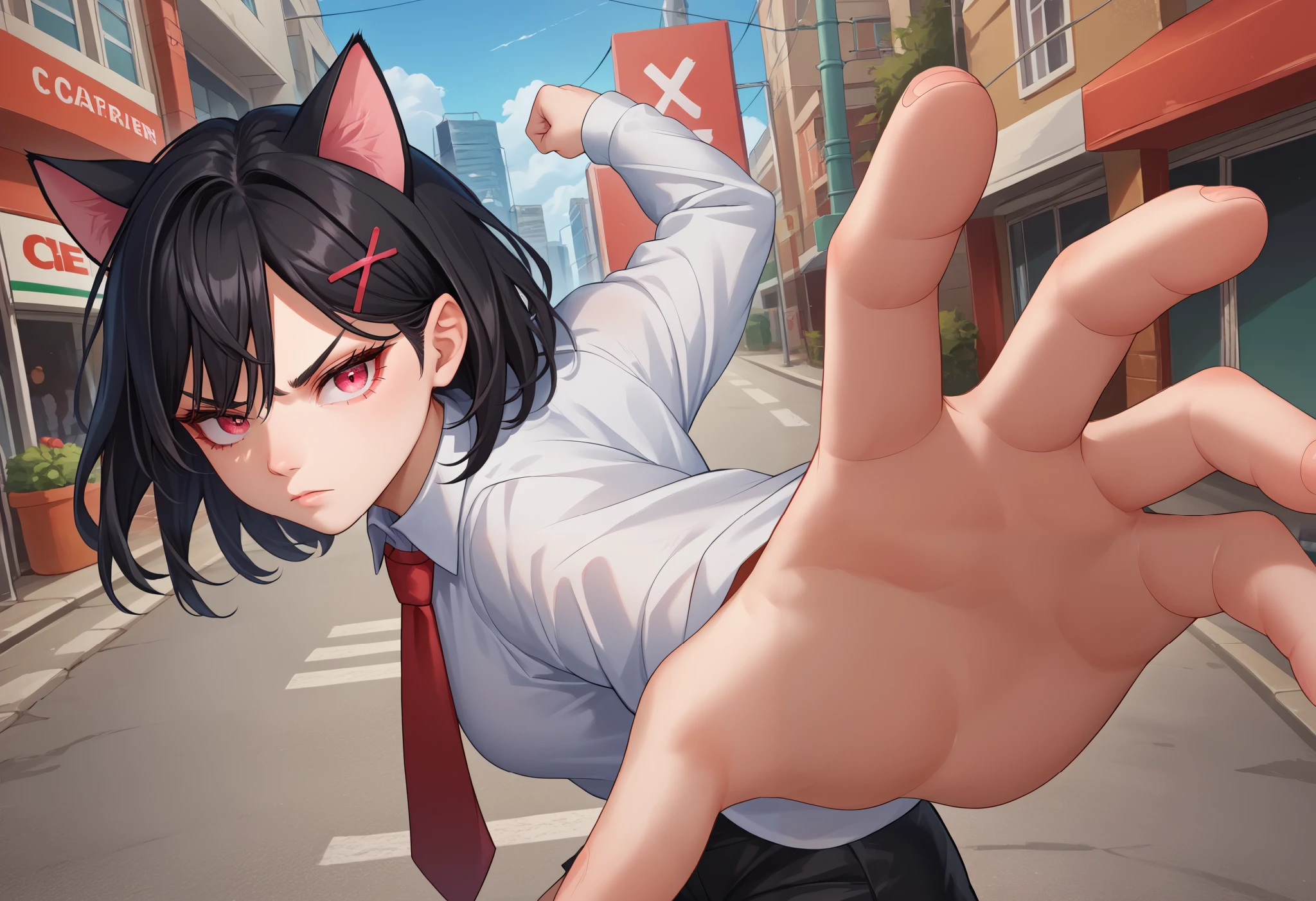 score_9, score_8_up, score_7_up, source_anime, solo, 1girl, junkotvvxl, serious, looking at viewer, IncrsPunchMeme, incoming punch, black hair, red eyes, cat ears, hairclip, x hair ornament, pink eyes, white shirt, red necktie, long sleeves, black shorts, outdoors, city street