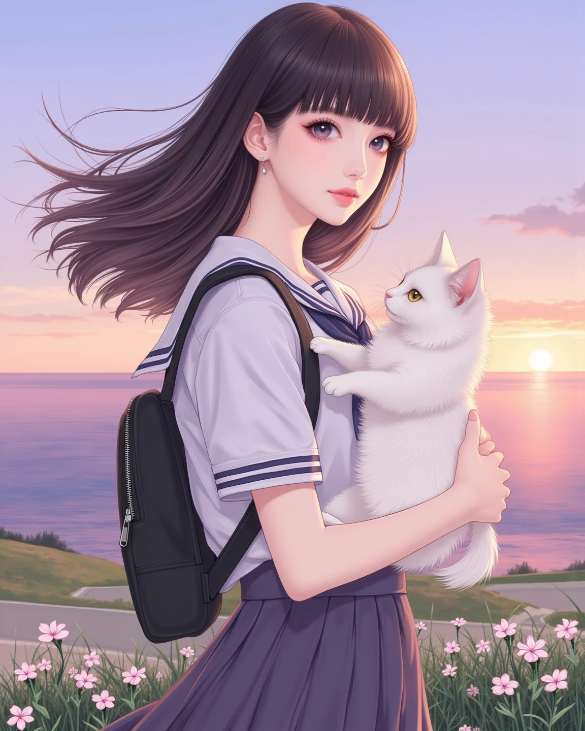 (masterpiece、highest quality、highest quality、Official Art、Beautiful and beautiful:1.2)、(One girl:1.3)Hatsune Miku、Twin tails,Beautiful breasts,Tips: A very attractive woman with a backpack and an adorable puppy、Enjoying a lovely spring outing surrounded by beautiful yellow flowers and nature。. This illustration is、Highly detailed illustrations in 4K resolution with highly detailed facial features and cartoon-style visuals。.