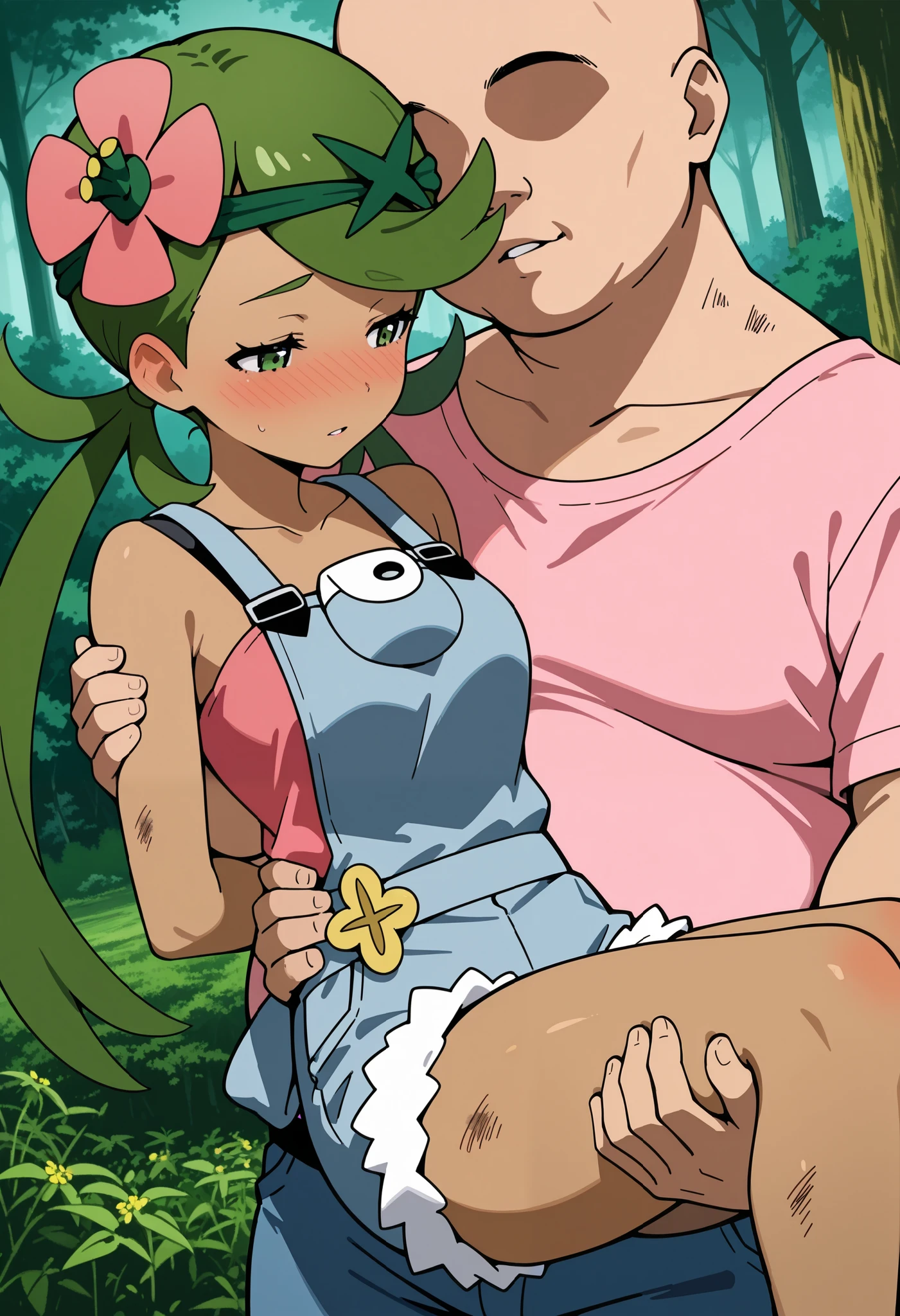 score_9, score_8_up, score_7_up, source_anime, mallow, 1girl, solo, long hair, bangs, hair ornament, twintails, green eyes, half-closed eyes , flower, green hair, hair flower, dark skin, dark-skinned female, swept bangs, mallow (pokemon),a tired face, parted lips, looking away, head down, nose blush, blush, be shy, collarbone, sleeveless, pink shirt, denim overall, thighs, dirty, forest, lying boy's arms, knee bent, hand on own arm, 1girl, 1boy (fat man, faceless, hand on girl's waist, hand on girl's legs, princess carry), size difference, larger male, princess carry. Dutch angle.