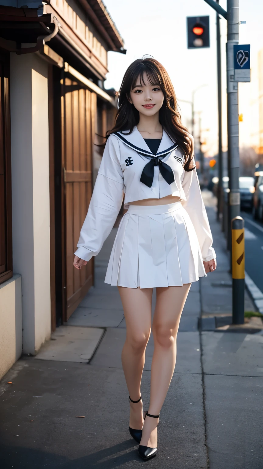 1girl, Cute, black-haired, 14 years old, Smile, Looks pure, Sailor Suit, Photography, Realistic, Best Quality, Detailed face, Full body, slender, Slender legs, Long legs, Wearing thigh-high socks, shoes on