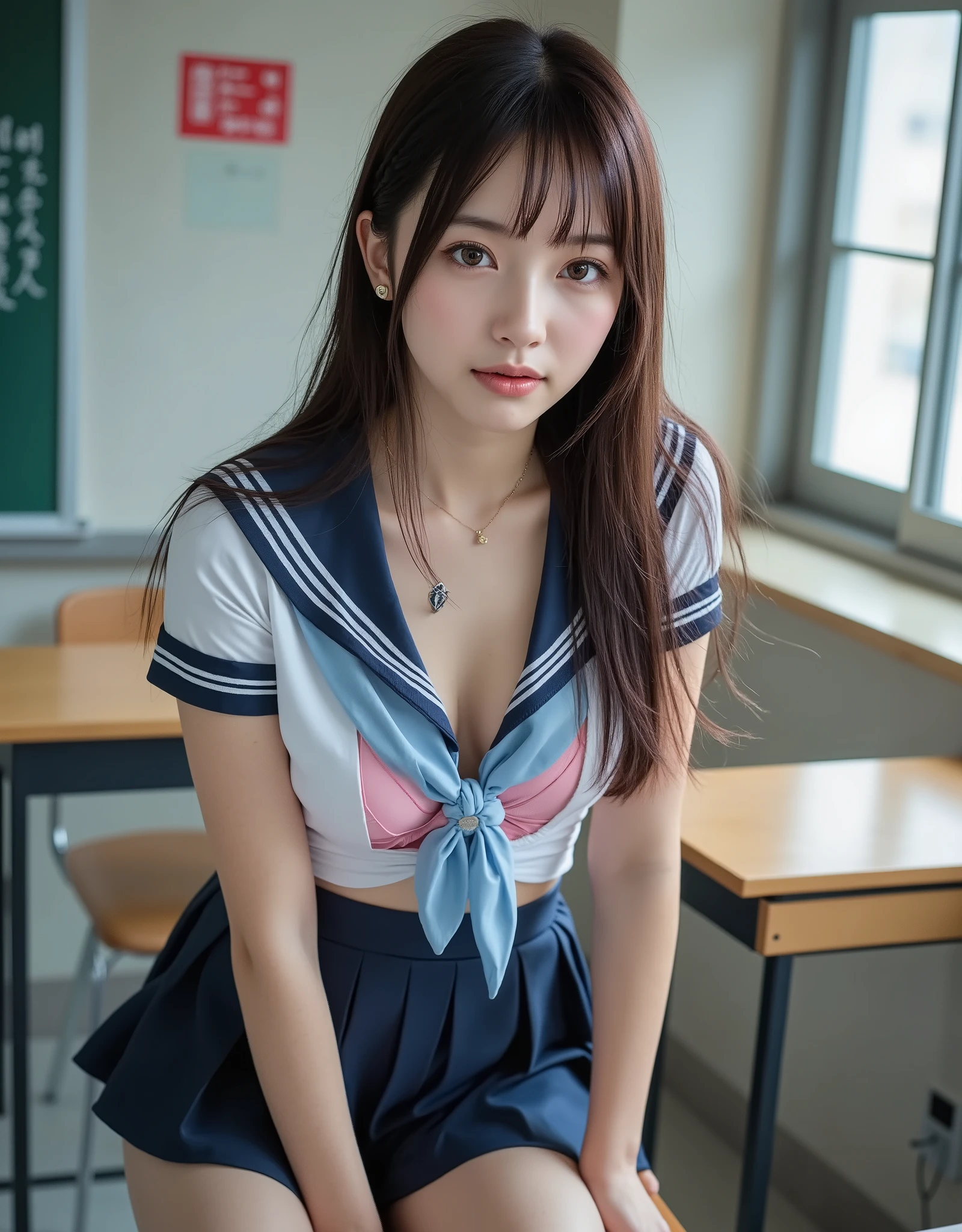 (Canon), (EOS R5), (50mm), ((( photorealistic:1.5))), (No lens flare :1.5), ((超 high resolution)), (masterpiece), accurate,( realisticな質感の肌), more details, high detail, High Quality , Award-winning work , 最 High Quality , 32K, written depth, digital camera, Award-winning glamour photo , professional lighting, (NSFW), ((最 High Quality :1.5)), ((masterpiece:1.5)), (( realistic)), high resolution, realisticな影, Roughness, Real Life,( a very beautiful and cute Japanese woman), ( The cuteness of Japan's top idol ), (( upper body shot seen diagonally from the front :1.5)), (( upper body shot from head to knee :1.5)), (( cute 18-year-old Japanese high school girl )), (( high school classroom , desk, chair, blackboard, and window visible )), ((( Short-sleeved white summer suit with dark blue collar and 3 white lines sitting on a chair wearing a sailor suit and a navy blue flared skirt:1.8))), ((Light blue scarf for sailor suit :1.5)), (( The chest of the white sailor suit with a dark blue collar opens to see the pink bra and cleavage )), (( the dark blue flare skirt is rolled up to show the pink panties )), (( Clevis, camel toe)), (( a very cute high school girl with a young look)), Attractive cuteness , seductive pose , Height: 160cm, slim figure, Beautifully shaped bust, D Cup, (( erotic very sexy expression :1.5)), (Alone:1.5), (Open your mouth a little and see the tips of your teeth and tongue ), ( brown eyes:1.9), ( Detailed depiction of extremely realistic skin ), (Highly detailed, realistic eyes:1.9), (Very beautiful, long, realistic eyelashes), (Highly detailed, realistic eyebrows), (丸い brown eyes :1.8), ( beautiful catchlight on the eyes), (Realistic lips with moisture ), ( white realistic teeth arranged neatly), ( Beautiful and Detailed Face :1.6), ( hourglass figure :1.6), (Wasp waist :1.5), ( Perfectly round and beautifully shaped bust :1.8), ( clearly contoured cheekbones :1.5), ( perfectly styled body :1.8), (Healthy body :1.8), (Narrow shoulders:1.9), ( holding hands with mom staring at viewers), ( seductive gaze ), (Beautiful, natural-looking hands), ( beautiful pink nails of a perfect length), ( show your hands as little as possible ), ( very cute smile:1.1), (Stomach and navel are visible:1.4), Disheveled uniform, ( black hairミディアムヘアー :1.3), black hair,Natural atmosphere, Very cute type, Beautiful Thighs, (( evening classroom )), ((The hem of a white sailor suit is rolled up to show the lower breasts of the bust )), (( roll up your dark blue flared skirt and open your legs to show off your pink panties)), ((ピンク色の Clevisがあるパンティーを見せる)), (( show your hands as little as possible )), ((I can't show my feet)), blur background, Illuminate the face, Dynamic Poses, beautiful body line , Beautiful, realistic skin , Art Photography, beautiful soft lighting , accurate手の形, accurate指の形, accurate指の数,5 fingers on one hand