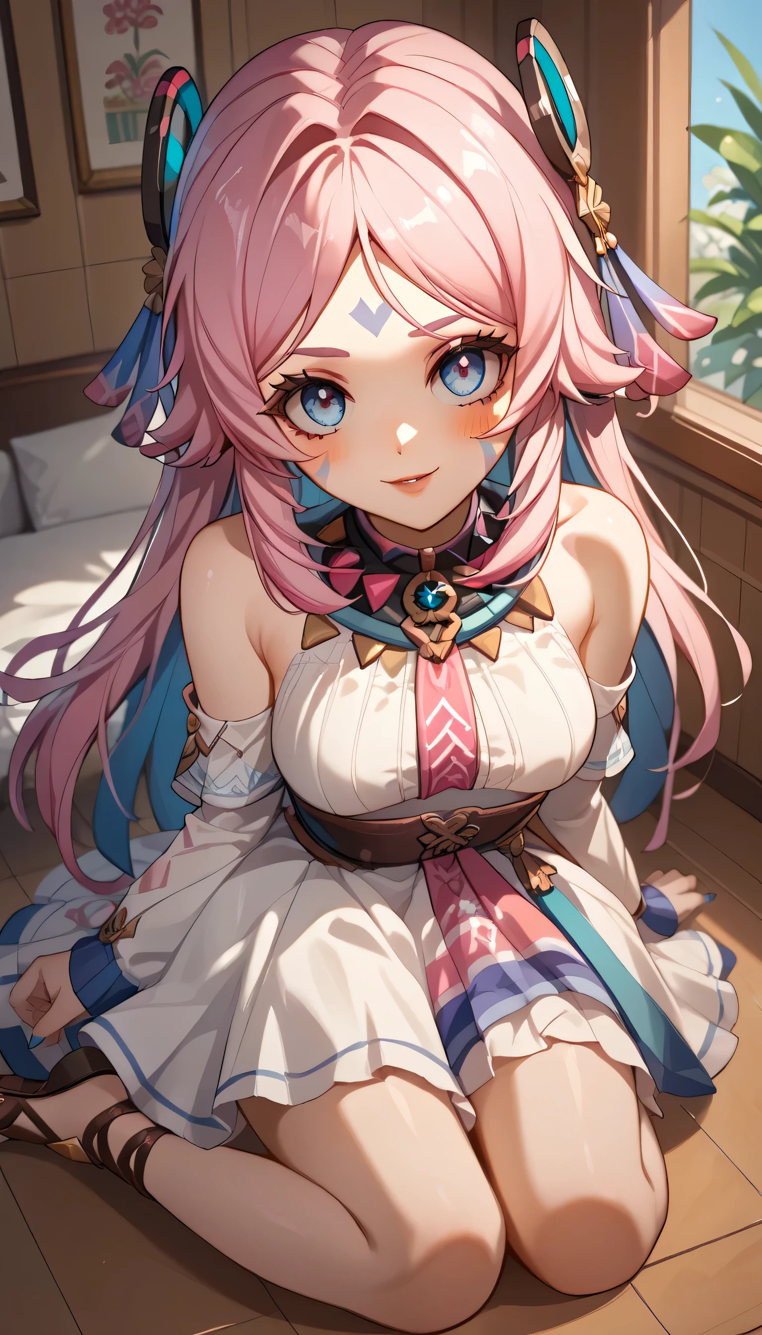 score_9,score_8_up,score_7_up,citlali_(genshin_impact), 1girl, pink hair, hair ornament , racial face marks, solo, medium_breasts, blush, parted_lips, looking_at_viewer,bare_shoulders, Citlali, in a pink Otaku bedroom, girl bedroom, score_9, score_8_up, score_7_up, score_6_up, source_anime, 1girl, full body shot, blushed, full body shot, blue nail polish, in love face, happy, gentle face, messy hair, ,,hair ornament, flower, white dress, frills, traditional clothes, ribbon, puffy sleeves, multicolored clothes, colorful clothes, Mexican restaurant, Mexican house, happy, sexy hips, sexy legs, sexy body, look from above , pov hugging breast press