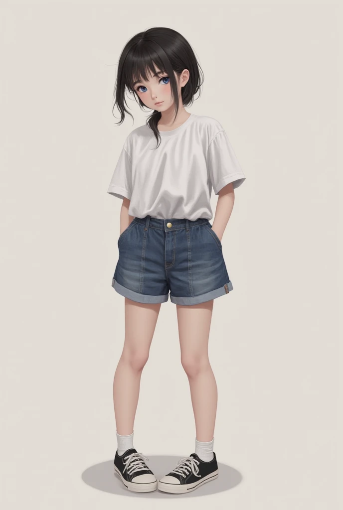 1 girl, alone, girl, full body, 1 girl wearing tight denim shorts, thigh-high stockings, plaid button-down shirt, sneakers, trucker hat, girl posing standing, legs slightly open, no background, simple background, gradient background, white plain background,