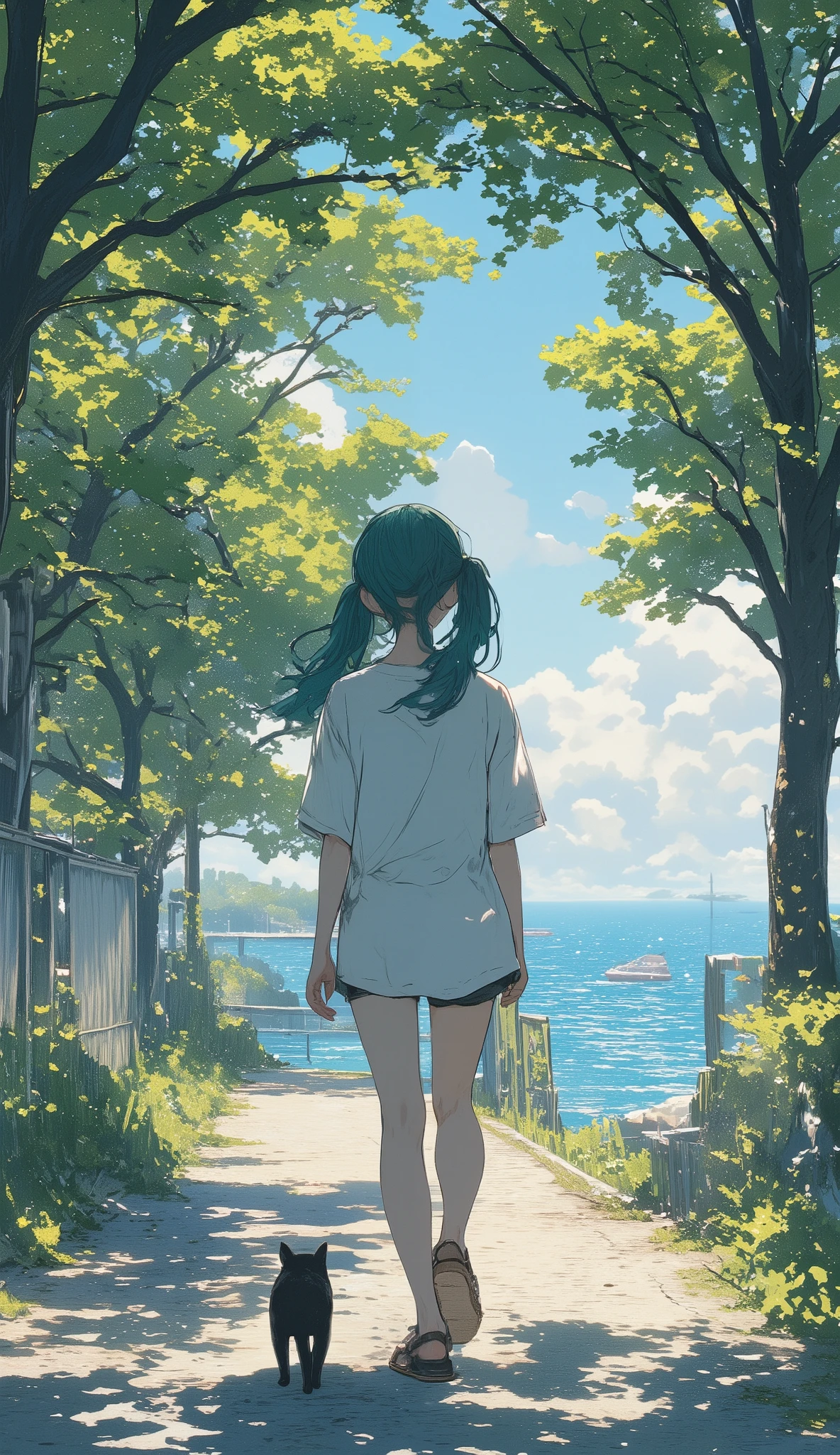  girl eating breakfast 、Toast and fried egg、 tea hair、 ponytail、whiteＴ shirt、white食卓テーブル、 one black cat sitting on the table 、 well-behaved black cat 、A black cat looking at a girl