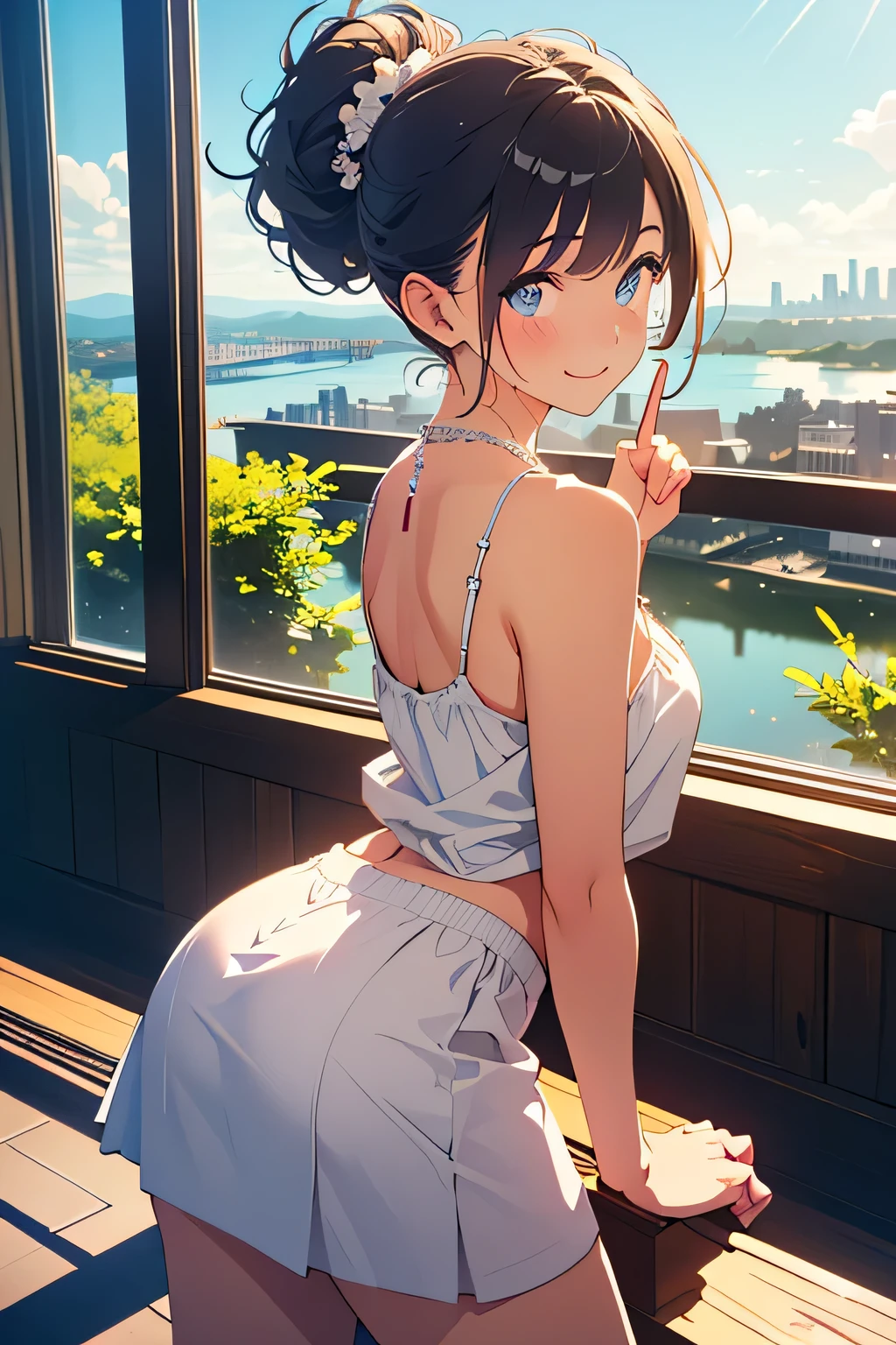 Anime girl in a short dress looking out a window at the city - SeaArt AI