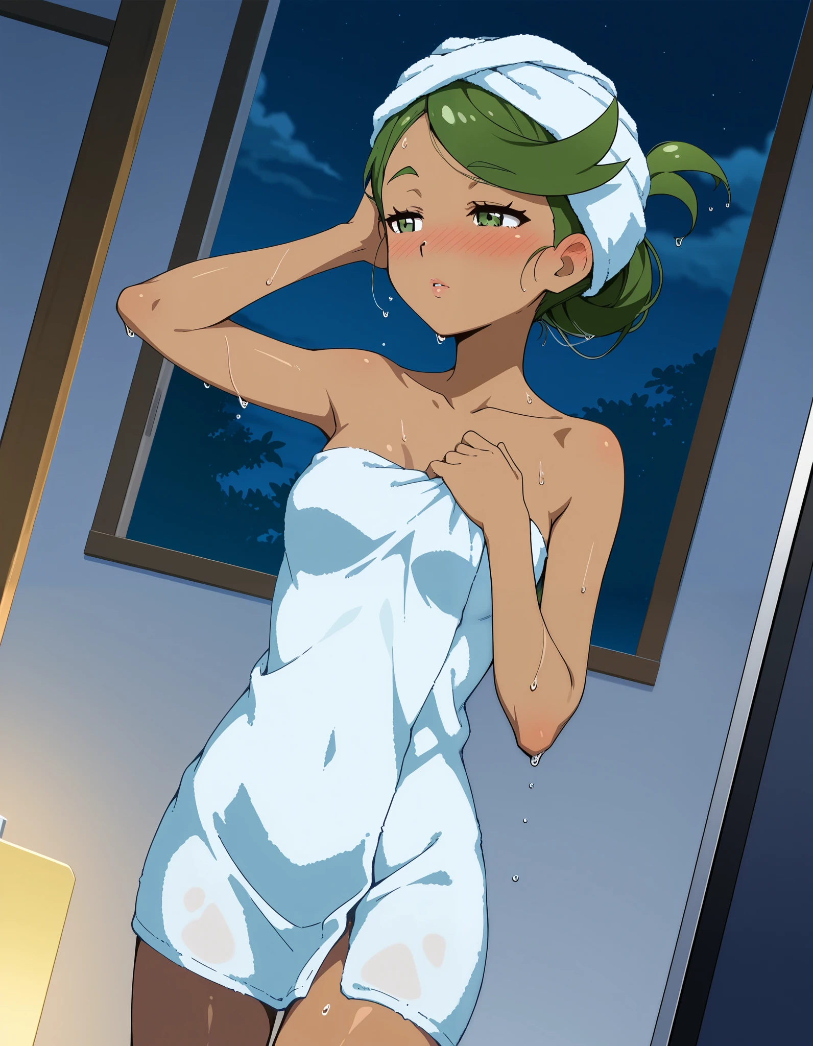 score_9, score_8_up, score_7_up, source_anime, mallow, 1girl, solo, head towel, wrapped towel own head, green eyes, half-closed eyes , green hair, slicked-back hair, dark skin, dark-skinned female, lovely small breasts, swept bangs, mallow (pokemon), parted lips, looking away, nose blush, blush, collarbone, after shower,  naked towel,  wet hair, wet skin,  indoor,  bedroom,  night time,  standing.  Dutch angle. 