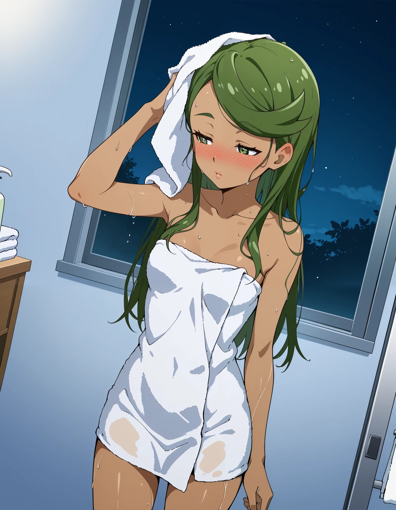 score_9, score_8_up, score_7_up, source_anime, mallow, 1girl, solo, head towel, wrapped towel own head, green eyes, half-closed eyes , green hair, slicked-back hair, dark skin, dark-skinned female, lovely small breasts, swept bangs, mallow (pokemon), parted lips, looking away, nose blush, blush, collarbone, after shower, naked towel, wet hair, wet skin, indoor, bedroom, night time, standing. Dutch angle.