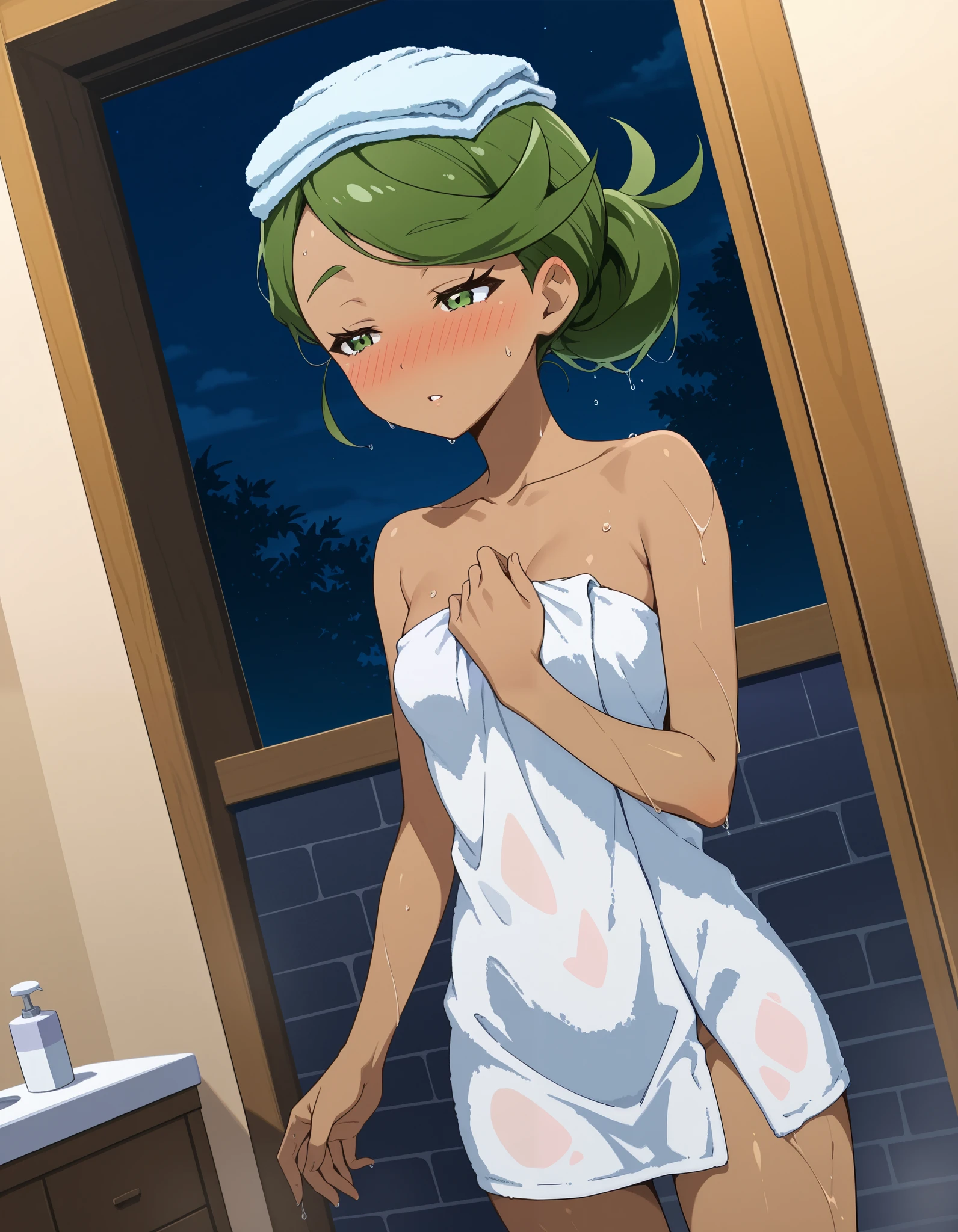 score_9, score_8_up, score_7_up, source_anime, mallow, 1girl, solo, head towel, wrapped towel own head, green eyes, half-closed eyes , green hair, dark skin, dark-skinned female, lovely small breasts, slicked-back hair, mallow (pokemon), parted lips, looking away, nose blush, blush, collarbone, after shower, naked towel, wet hair, wet skin, indoor, bedroom, night time, standing. Dutch angle.