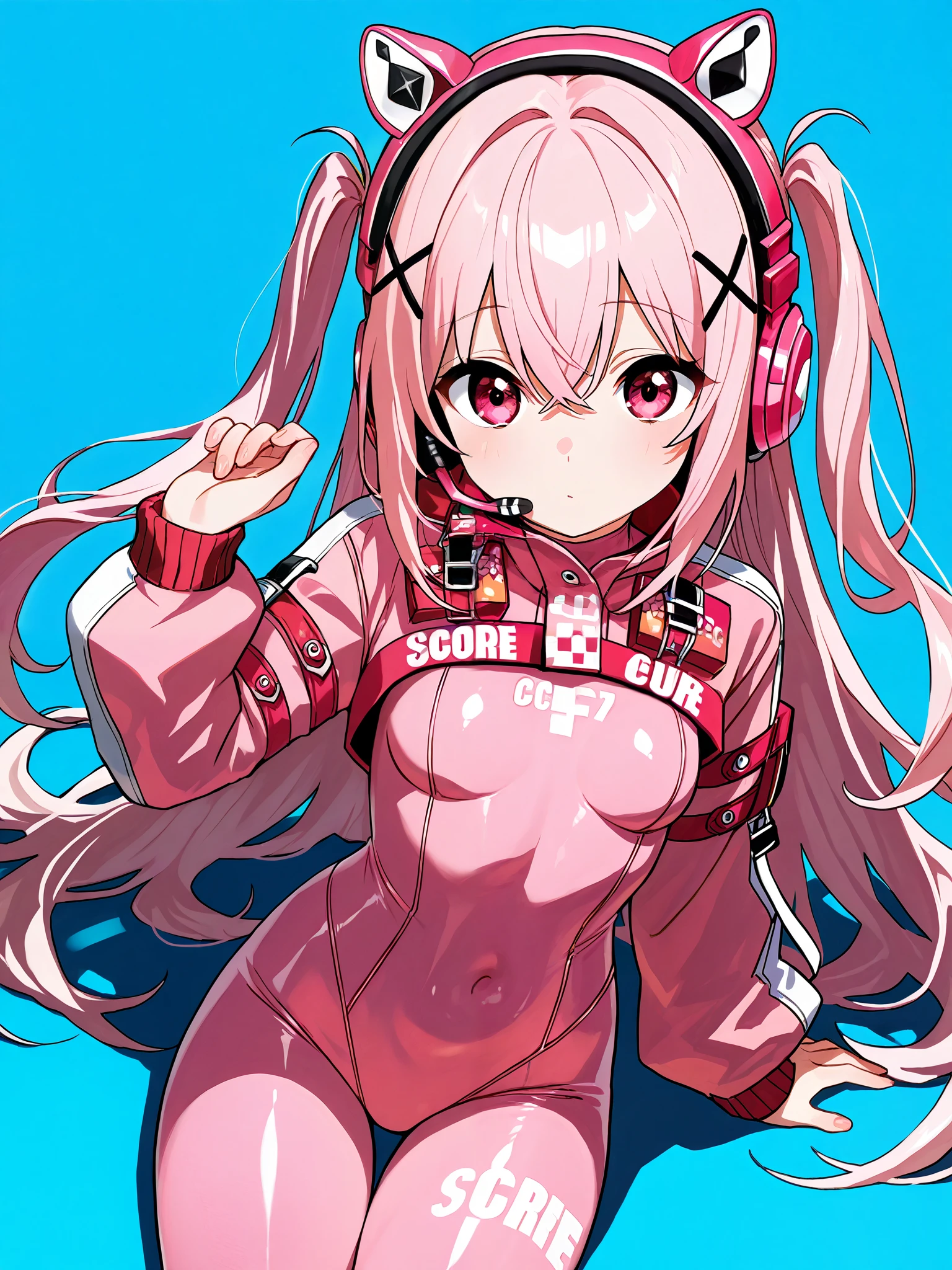 ct_ch1no, animal ear headphones, fake animal ears, headset, pink bodysuit,shrug \(clothing\),long sleeves, shiny thighs, skin tight bodysuit 
