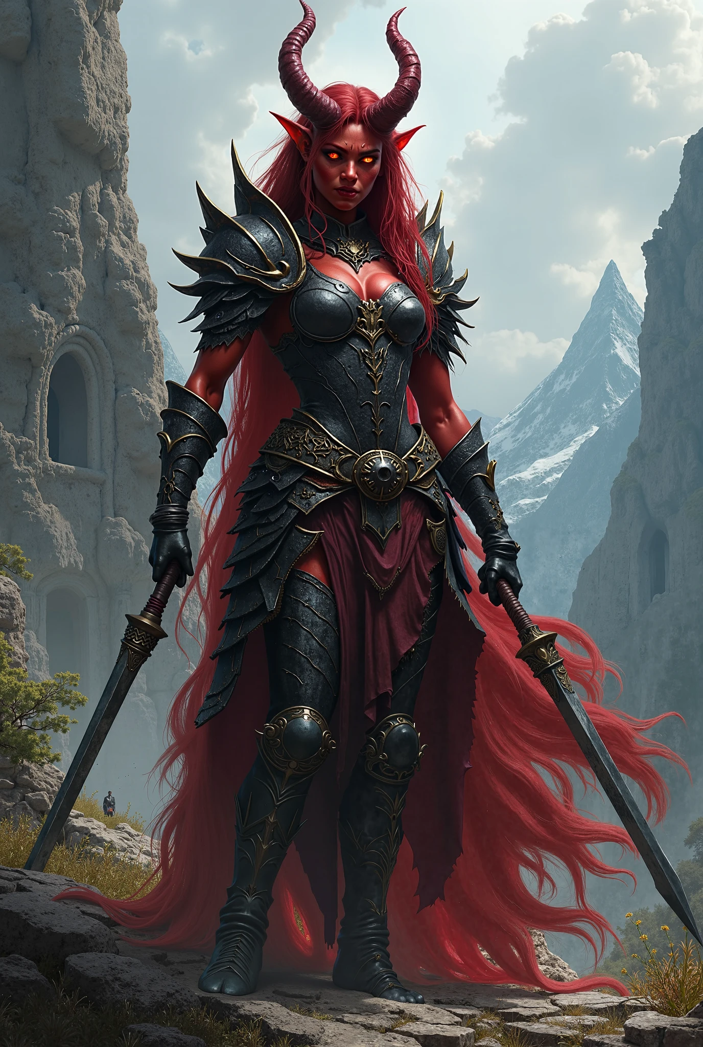 Now make it less sexual, give her a real armor, cover her left eye with bandage's, and make her more strong , she need to be a tiefling with read skin black hair, with her left eye covered in bandage's , make it a little less realistic 