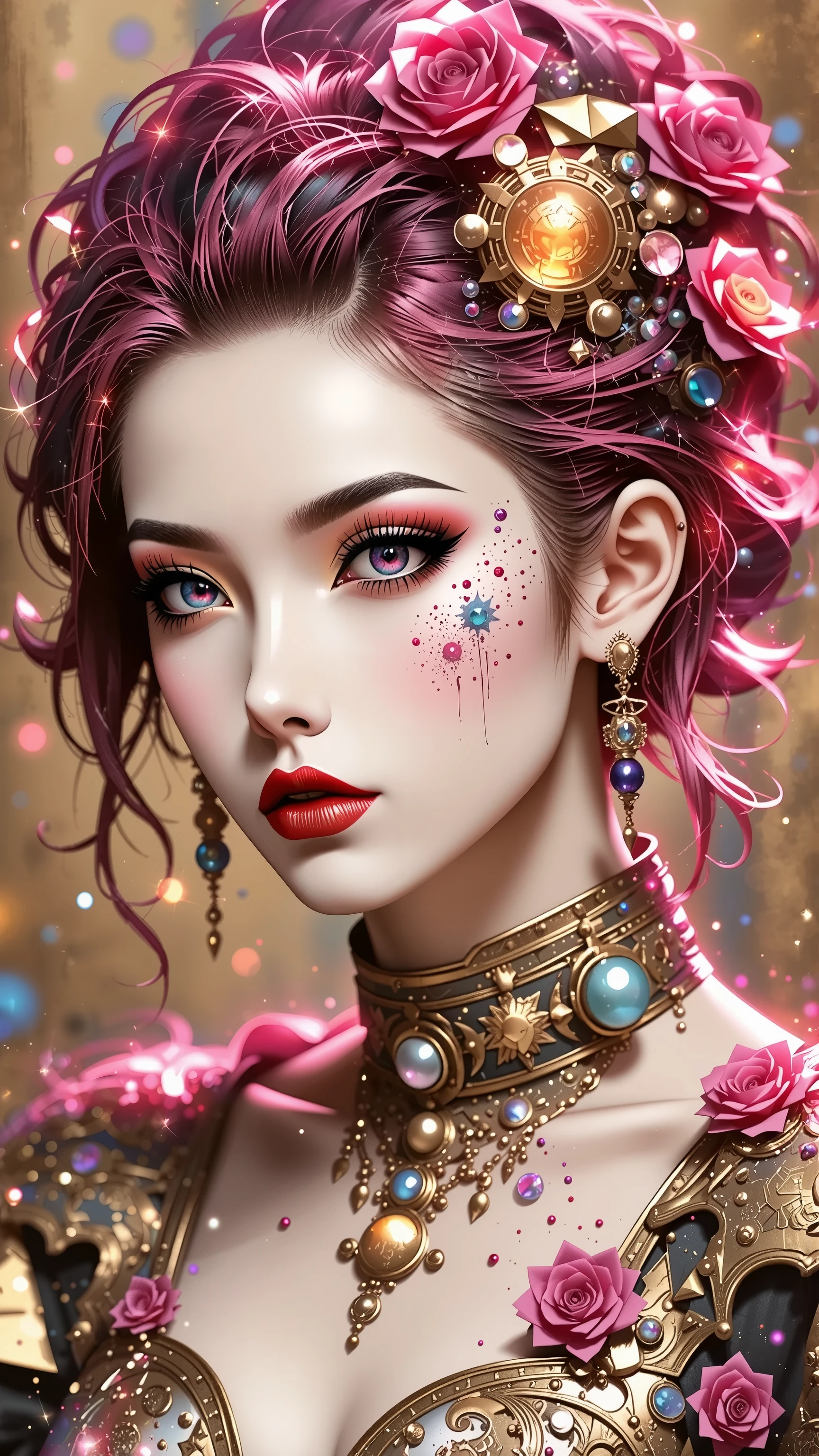 Crimson updo, purple eyes, metallic gold background, backlit, luminescence, ethereal, anime, manga, sexy, sparkles, Glitter Dust, dynamic shadows, masterpiece, bright colors, Shimmers, clear details, Kizi,Highly detailed, Amazing work,Vitreous luster,((clean backdrop)),In gold,(((red colors))),purple color,Best quality at best,clean backdrop, shiny skin, goth,