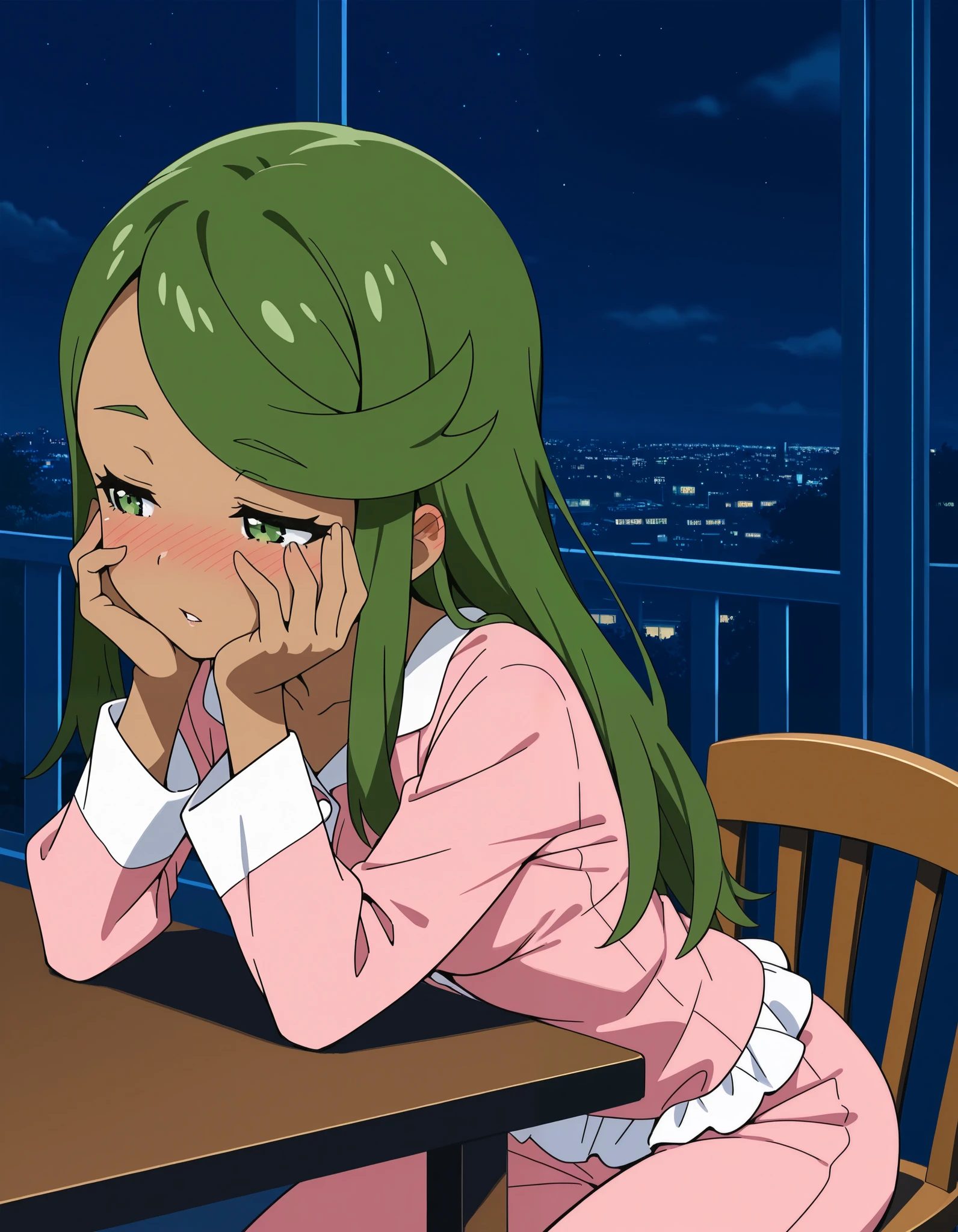 score_9, score_8_up, score_7_up, source_anime, mallow, 1girl, solo, long hair, hair down, , green eyes, half-closed eyes , green hair, dark skin, dark-skinned female, lovely small breasts, swept bangs, mallow (pokemon), parted lips, looking away, nose blush, blush, collarbone, wearing pink pajamas, indoor, bedroom, night time, table, chair, sitting on chair, leaning forward, arms on table, hands on own face. Dutch angle.