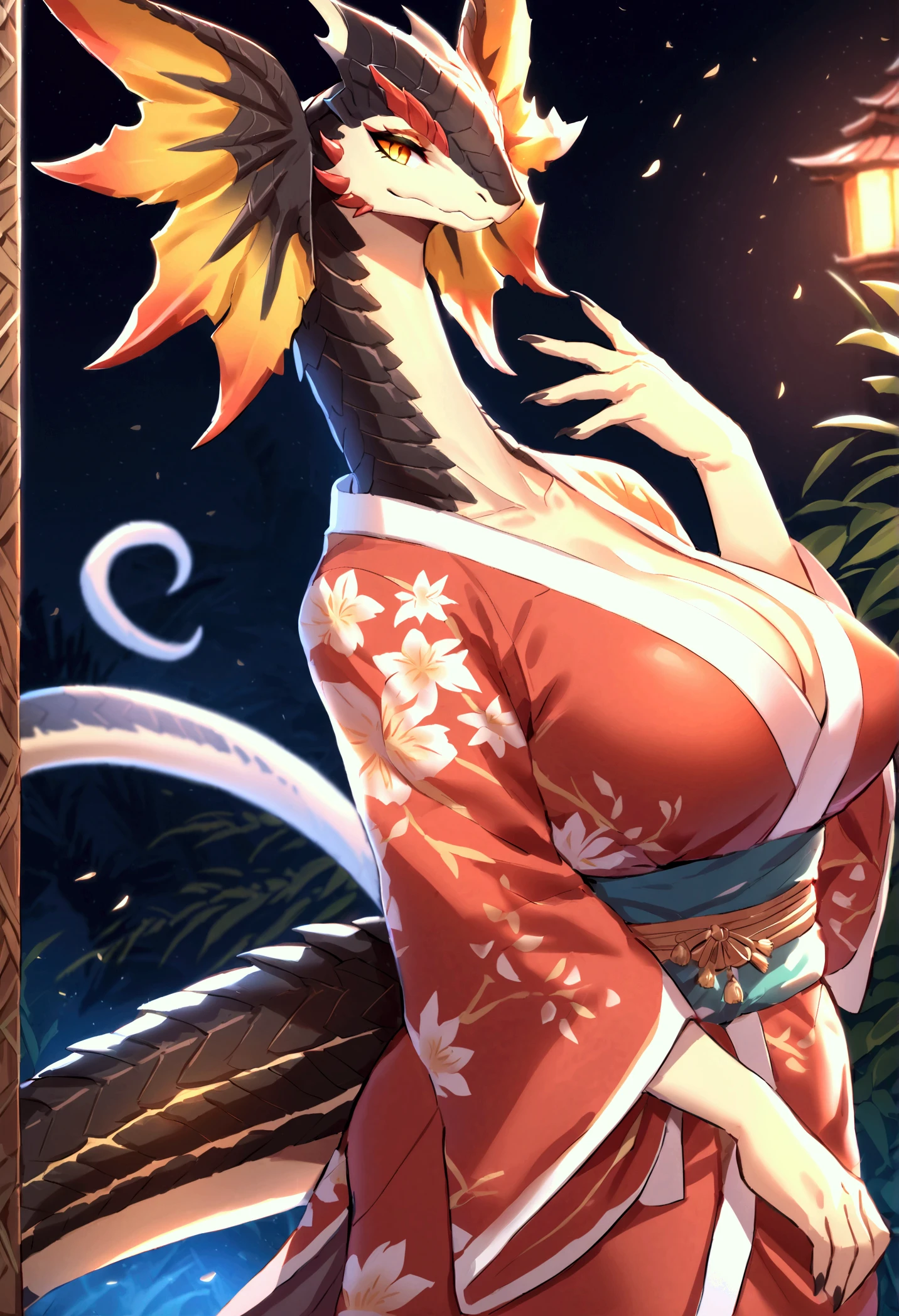 TohruDM, WTail, 1girl, full body, Woman body set big breasts, Stretch meat, kimono, obi, black kimono, red obi, wide obi, cleveage, busty, big, no panties, no bra, beautiful alluring anime woman, seductive anime girl, artwork in the style of guweiz, japanese dress, trending on cgstation, guweiz on pixiv artstation, with ancient japanese clothes, blond hair, smiling, dragon tail, girl has dragon tail, 1 tail, happy girl, 2 hands only, sakura blossoms, cherry flowers, cherry blossoms, cherry tree, cherry tree in background, covered breasts, blue sky, bright blue sky