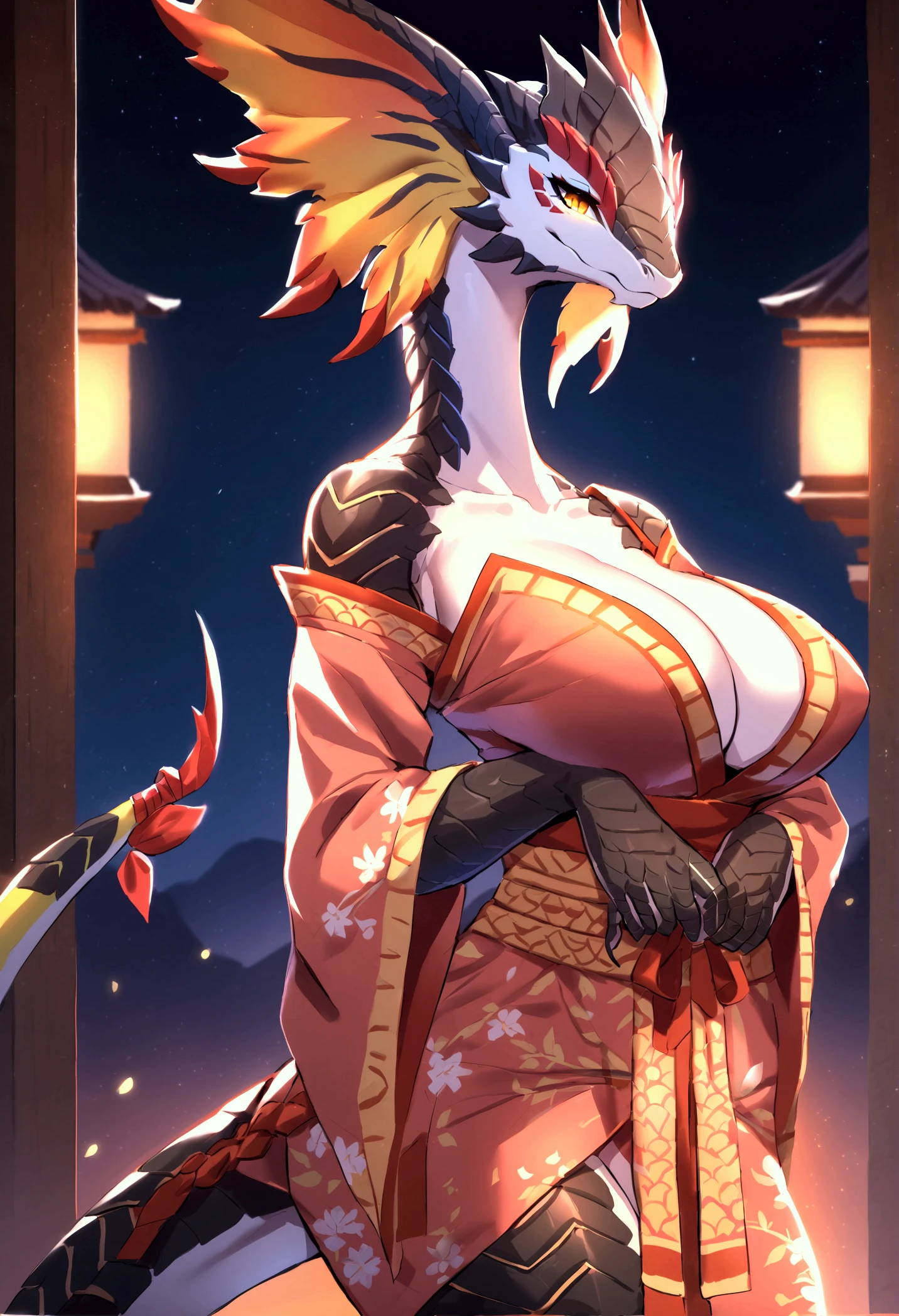 Masterpiece Best quality, the best definition to add aesthetic and lighting details, dark kitsune, Black girl jackal, teen girl, ,black body, japanese shrine landscape mt fujisan al fondo add_detail, golden tattoo body, sensual eyes, yellow pupil, glowing eyes, back pose, vista desde atras,tiene una cola peluda desde la base del coccis add_detail, mira sobre de su ombro, kimono outfit