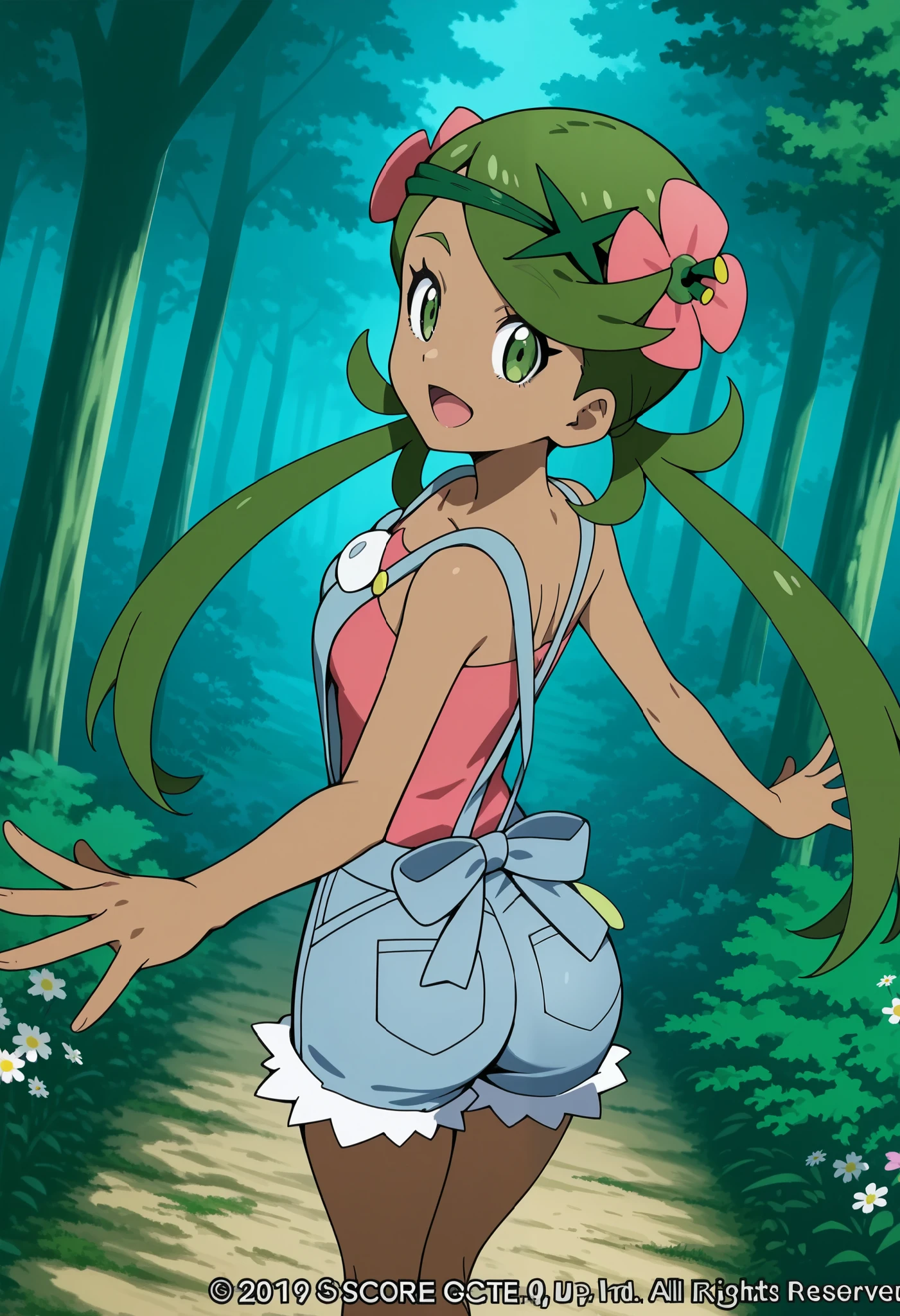 score_9, score_8_up, score_7_up, source_anime, mallow, 1girl, solo, long hair, bangs, hair ornament, twintails, green eyes, flower, green hair, hair flower, dark skin, dark-skinned female, swept bangs, mallow (pokemon),smile, open mouth, looking back, collarbone, sleeveless, pink shirt, denim overall, thighs, forest, walking, spread arms, back, behind, Shows ass. Dutch angle.