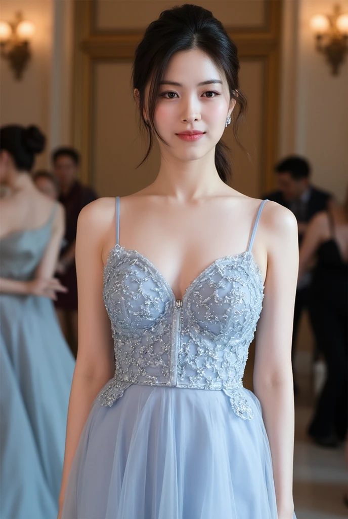 (((masterpiece))), (((Highest quality: 1.4))), ((Very detailed: 1.4)) , ulzzang-6500-v1.1, (RAW Photos:1.2), (Photorealistic), (Genuine:1.4), Sharp focus、Shot from the side、(Full Body Shot), (majestic style, sophisticated and elegant, holy and mysterious:1.2),(wearing ball gown dress:1.2), Upper class lady、Incredible beauty、A smile full of love、Innocent smile、