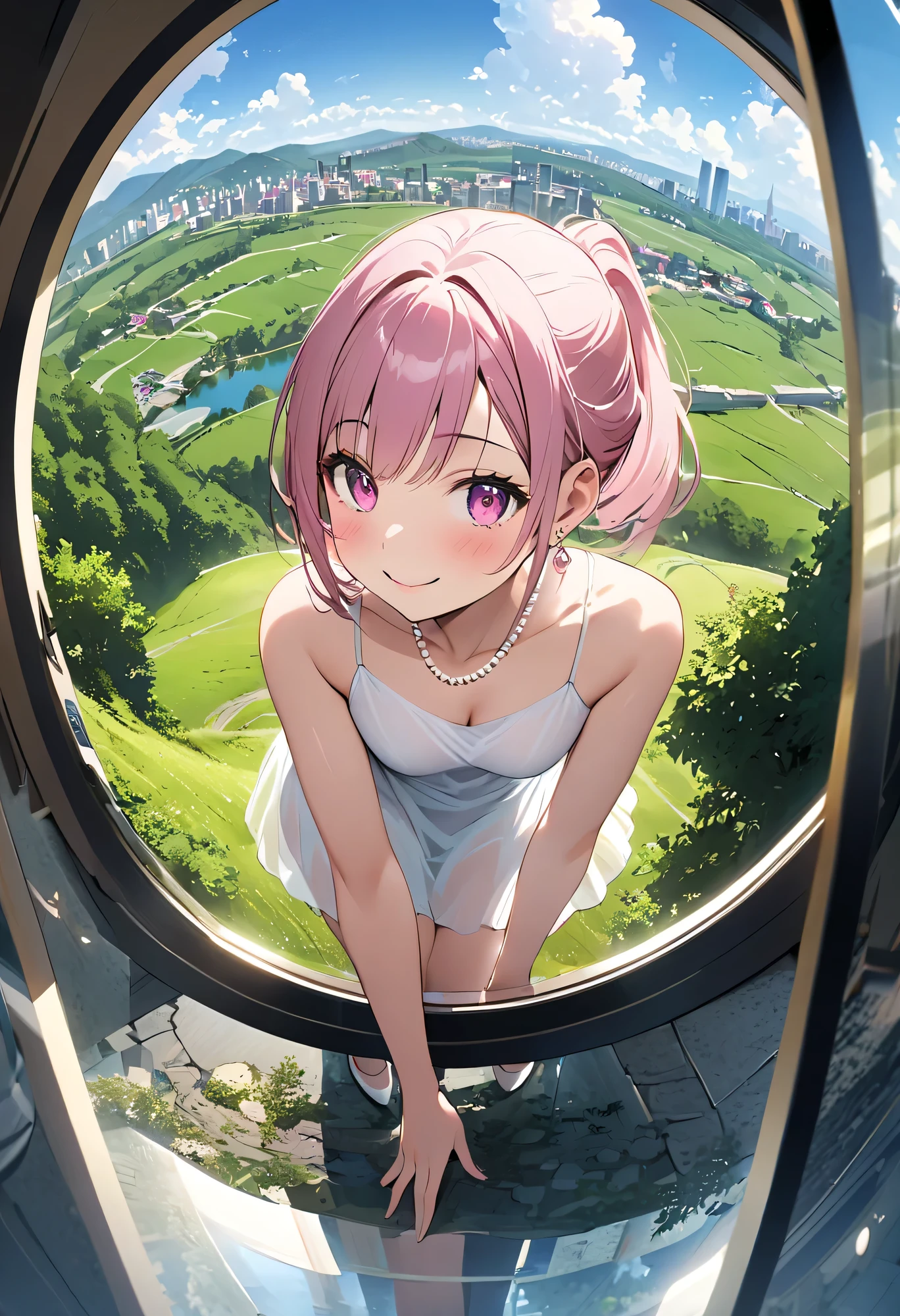 best quality 、 high resolution、( HD:1.2)、masterpiece、 detailed background 、 beautiful face down to the smallest detail、 detailed color、 detailed expressions 、( detailed eyes:1.2)、 anatomically correct、(Normal number of fingers:1.4)、age beauty、 big size、 perfect body line、 Braided Bob Cut 、 ponytail、 model pose、 soft spring light shines 、 beautiful scene like a scene from a movie 、 big smile when looking back、
( Beautiful model reflected in the background of a hill or observation spot with a panoramic view of fresh greenery and cityscapes:1.5)、
Sheer transparency 、 white or pale pink sheer blouse 、 Wear a tank top or camisole as the inner layer 、 A-line midget skirt 、 nudie pumps 、 elegant with pearl necklaces and small earrings 、 very beautiful