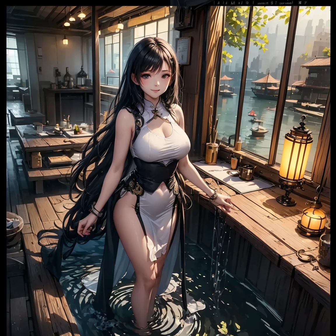 (Masterpiece, Highest quality, best quality, official art, beautifulและbeautiful:1.2), (1 female), very detailed, Wet hair, sweat, Slender legs, round hips, My hair is very long., silver hair, pajamas, sexy, An arrogant face, beautiful, Pearly white skin, Scene in an ancient Chinese house, Antique Chinese wooden bathtub, Partition,, Turn your back., bare, Sad eyes., pajamasจีน, นั่งTurn your back.บนอ่างอาบน้ำไม้