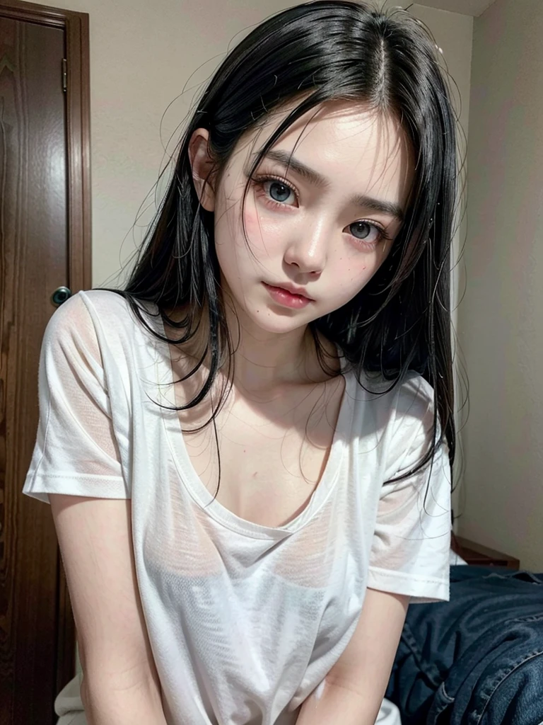 Kim sunoo looking submissive oh his knees, looking up wearing a white loose shirt slipping pff his shoulders, eyes filled with tears cheeks flushed wearing a choker but not a amine character a boy 