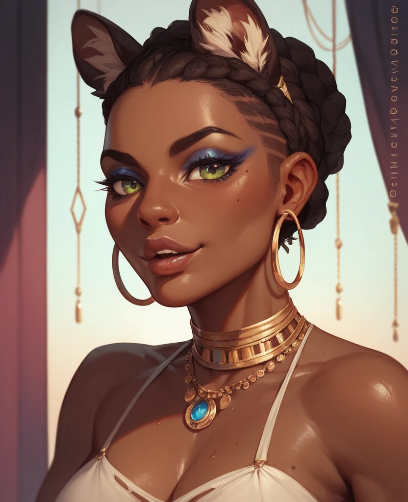 very beautiful and aesthetic, raw photo, realistic, score_9, score_8_up, score_7_up, score_6, score_5, score_4, rating_safe, dark theme, 1girl, A South Asian woman with vibrant emerald green eyes rests her chin on her hand. Her brow arches slightly, conveying a hint of amusement. The sunlight catches a stray auburn henna strand that curls along her cheek. Her full lips are painted a deep berry red, contrasting with the cool tones of her background. Intricate gold jewelry adorns her fingers, peeking out from the folds of her saffron yellow dress.