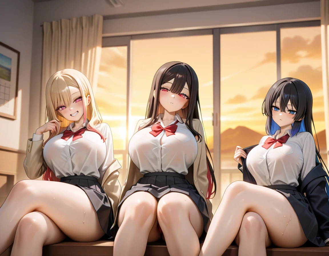 (top-quality,High resolution,(Ultra high definition,4K), (超A high resolution,in 8K),masutepiece:1.2), (Perfect Anatomy,Anatomically accurate), (Angle from below), (Soft lighting, 光线追踪), (Two cute high school girls), (Close one eye, winc), ((Sitting on a sofa in the lobby of a luxury hotel and opening your legs)), (Girls' High School Sailor Uniform), (Panties with strawberry pattern), (fascinated expression),(Large breasts:1.3), NSFW,(Soft skin), (Photorealistic), (Glowing skin), (blondehair)