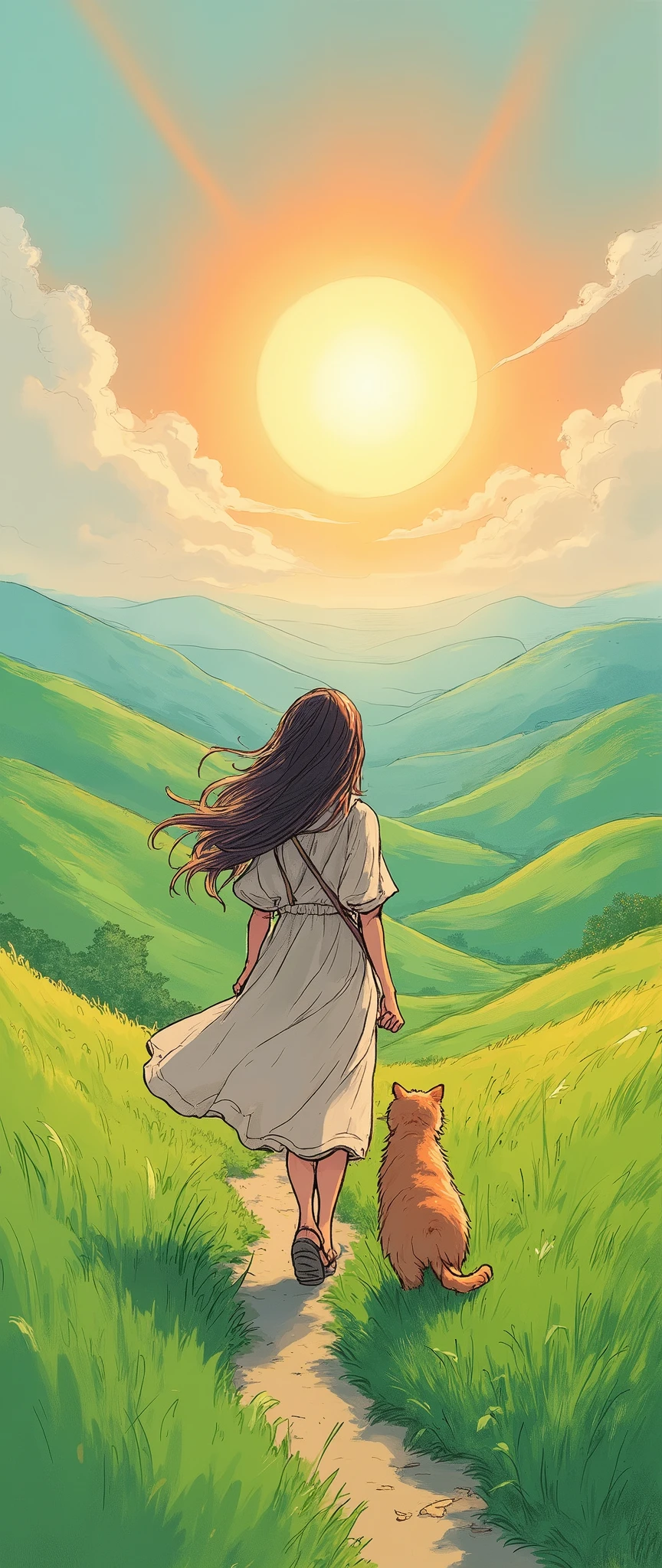 (Masterpiece:1.2, High-quality ,Mirror Finish  , Movie experience ,  best illustrations :2.0,  highly detailed ),8k, wallpaper,(My cat's trip),(woman:2.0),(womanと猫が旅をしている:2.0),(Beautiful Hills:2.0),(Beautiful sun and rainbow :2.0),( laid-back),( calm),(Life)