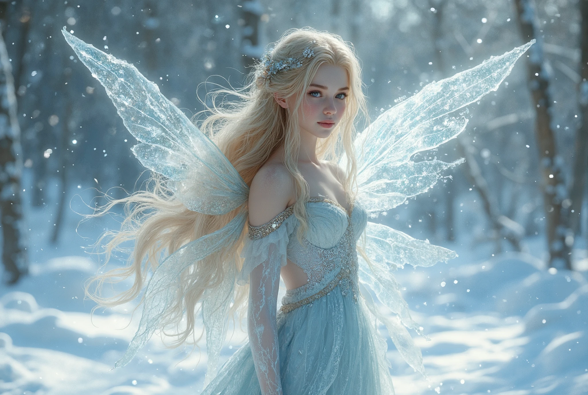 realistic. Winter Fairy : A -yeld ble age fairy who is beautiful as a short story for ren in a snowy landscape,  with translucent ice wings and snowflakes shining around her.