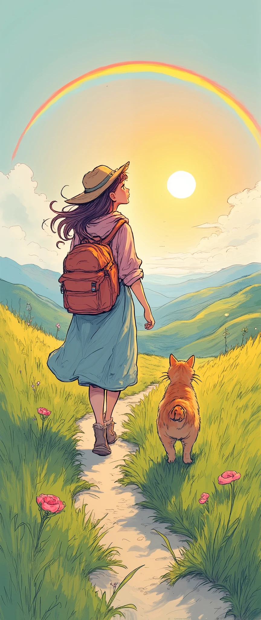 (Masterpiece:1.2, High-quality ,Mirror Finish  , Movie experience ,  best illustrations :2.0,  highly detailed ),8k, wallpaper,(My cat's trip),(woman:2.0),(womanと猫が旅をしている:2.0),(Beautiful Hills:2.0),(Beautiful sun and rainbow :2.0),( laid-back),( calm),(Life)