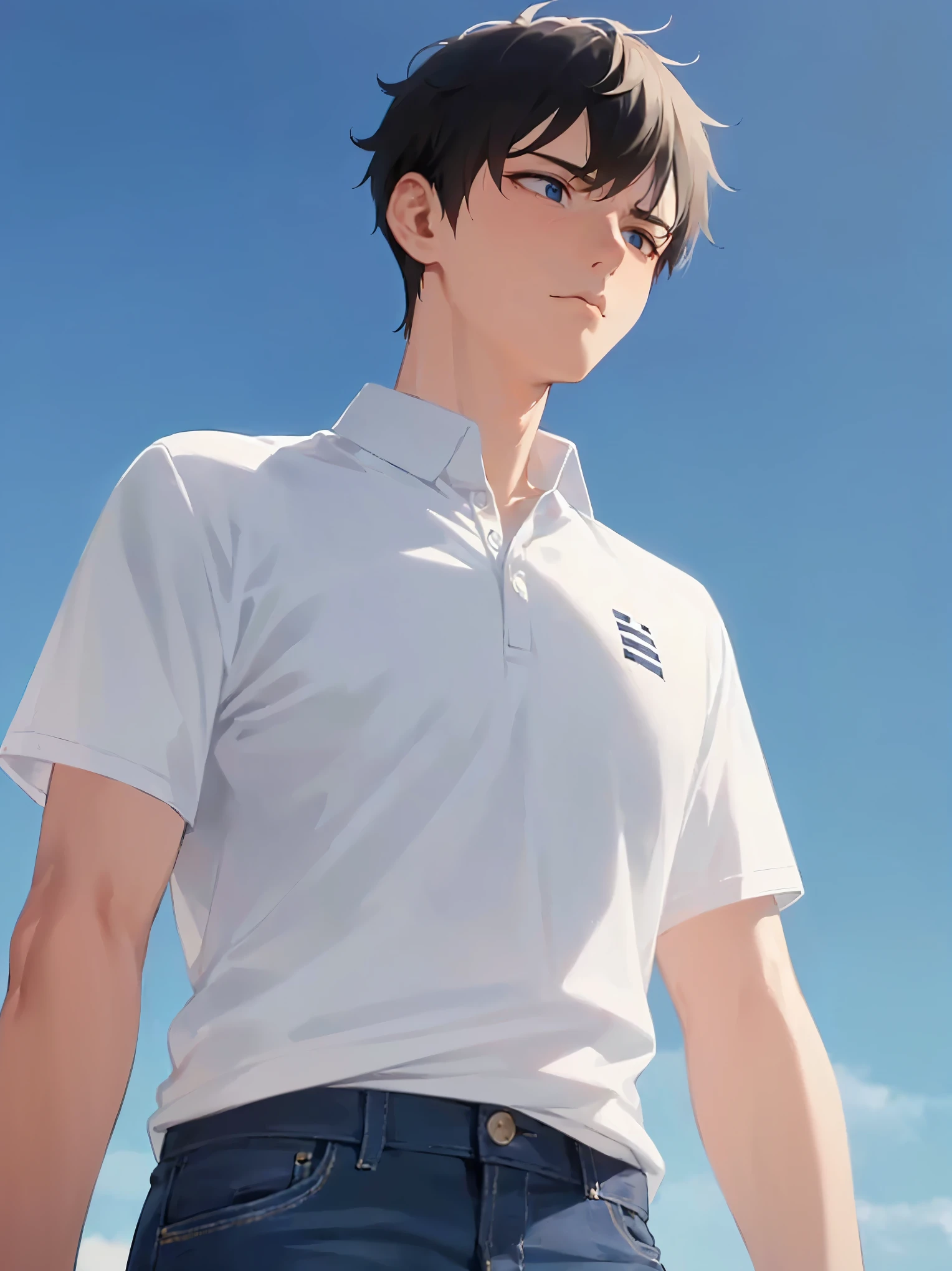 highest quality、Realistic、female、、zoom、Chestnut Hair、Blue Eyes、short hair、athlete、White polo shirt、White pleated skirt、athlete、muscle、Abdominal muscles、Glasses、Sunburned、Tan、Brown Skin、From below、Jump、Looking down、、Small breasts、Bust Shot、