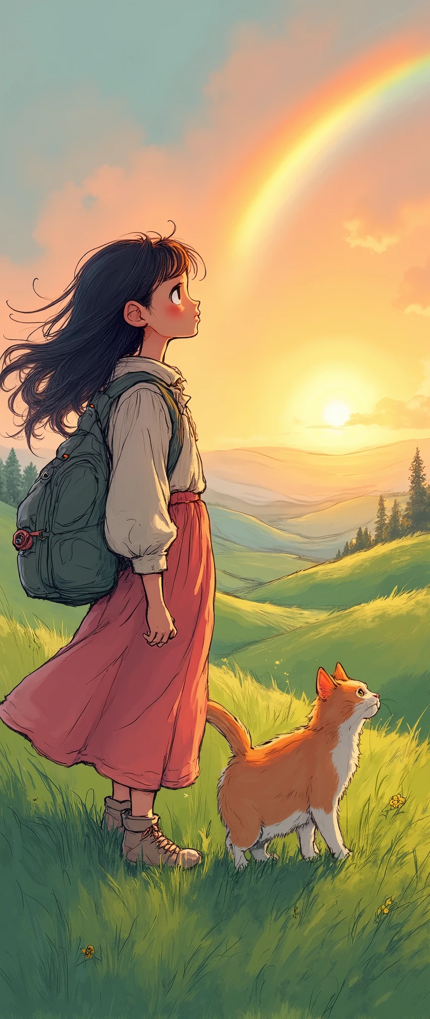 (Masterpiece:1.2, High-quality ,Mirror Finish , Movie experience , best illustrations :2.0, highly detailed ),8k, wallpaper,(My cat's trip),(woman:2.0),(womanと猫が旅をしている:2.0),(Beautiful Hills:2.0),(Beautiful sun and rainbow :2.0),( laid-back),( calm),(Life)