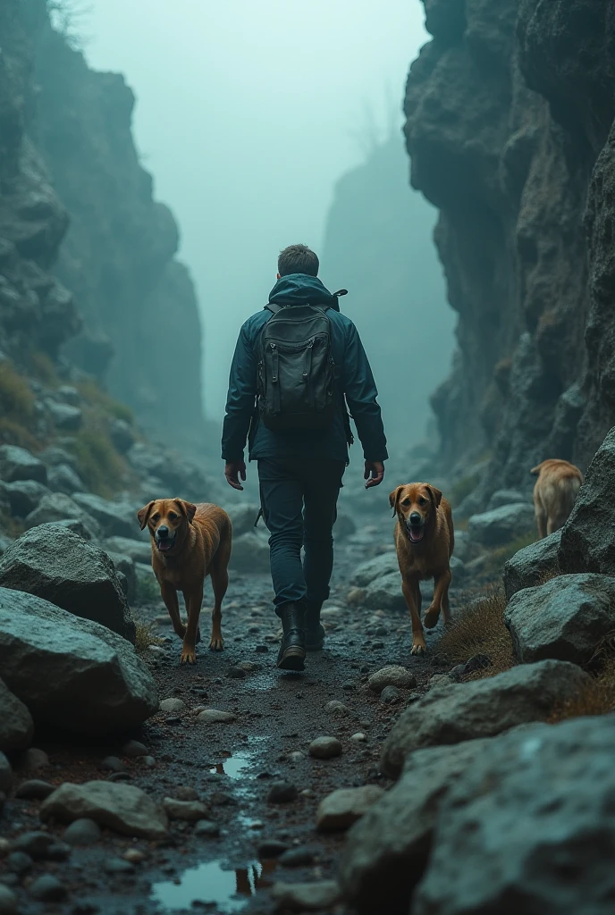 He went back to his tracks and noticed that rocks were following him. He carried his dogs and ran but noticed that the stones were increasing.