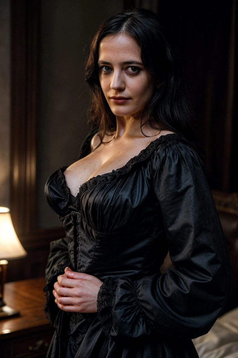 top half angle, (50mm lens), (Hasselblad X2D 100C), facial symmetry, balanced proportions, clear skin, and harmonious facial features, ample breast, facing camera, Location - a dramatic and moody setting, like an old castle or cemetery; Attire - dark, Victorian-inspired clothing with lace, corsets, and intricate details, posed against ornate gates, statues, or dramatic architecture to evoke a sense of dark romanticism.
