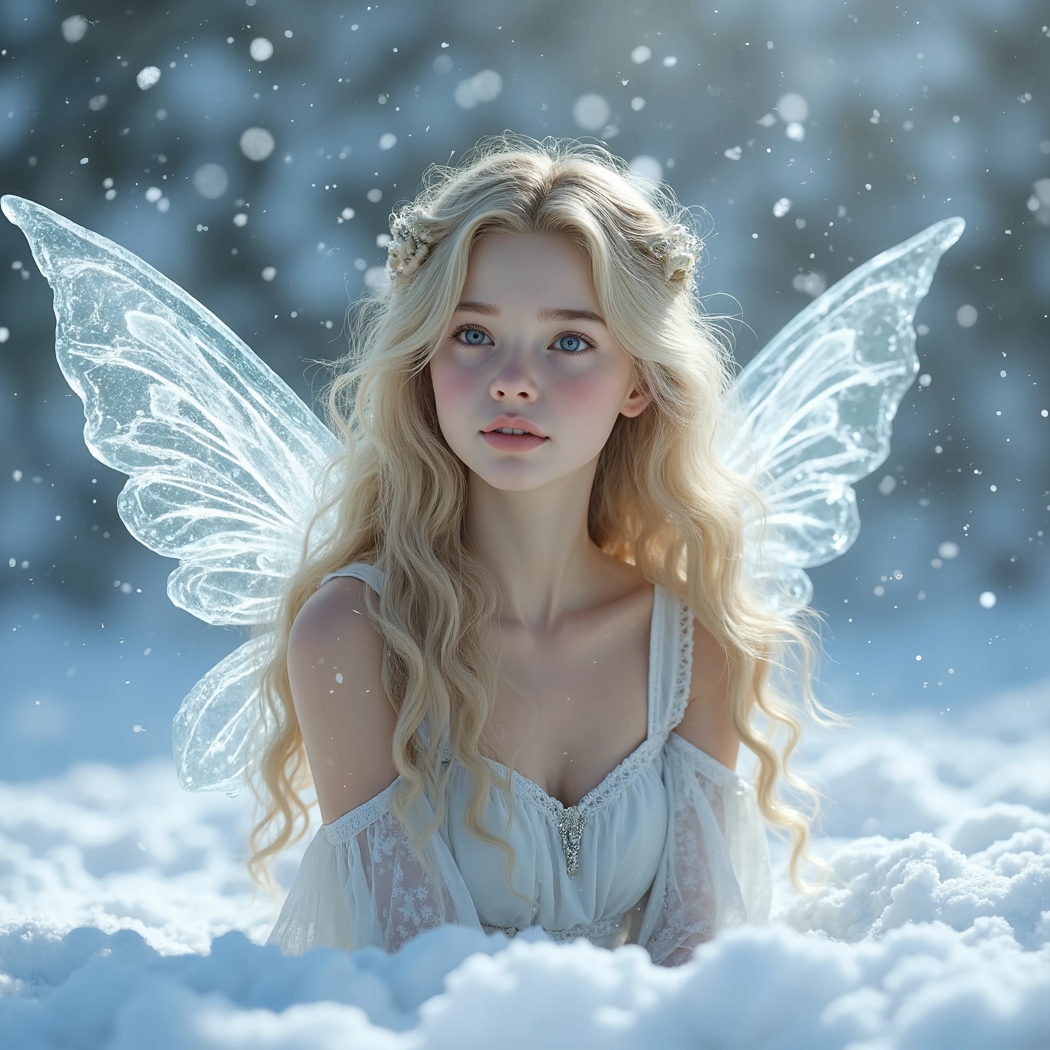 realistic. Winter Fairy : A -yeld ble teenage fairy who is beautiful as a short story for ren in a snowy landscape,  with translucent ice wings and snowflakes shining around her.