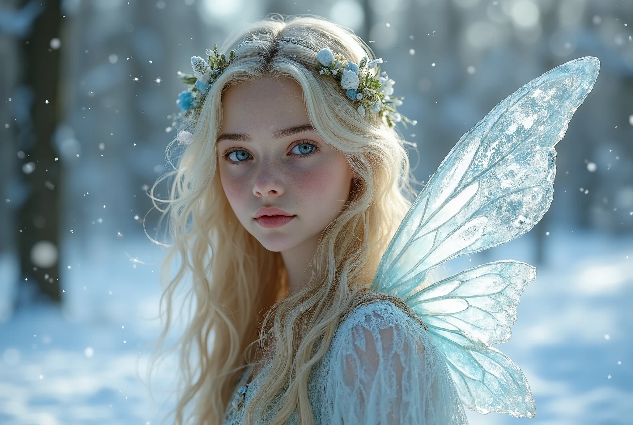 realistic. Winter Fairy : A -yeld ble age fairy who is beautiful as a short story for ren in a snowy landscape,  with translucent ice wings and snowflakes shining around her.