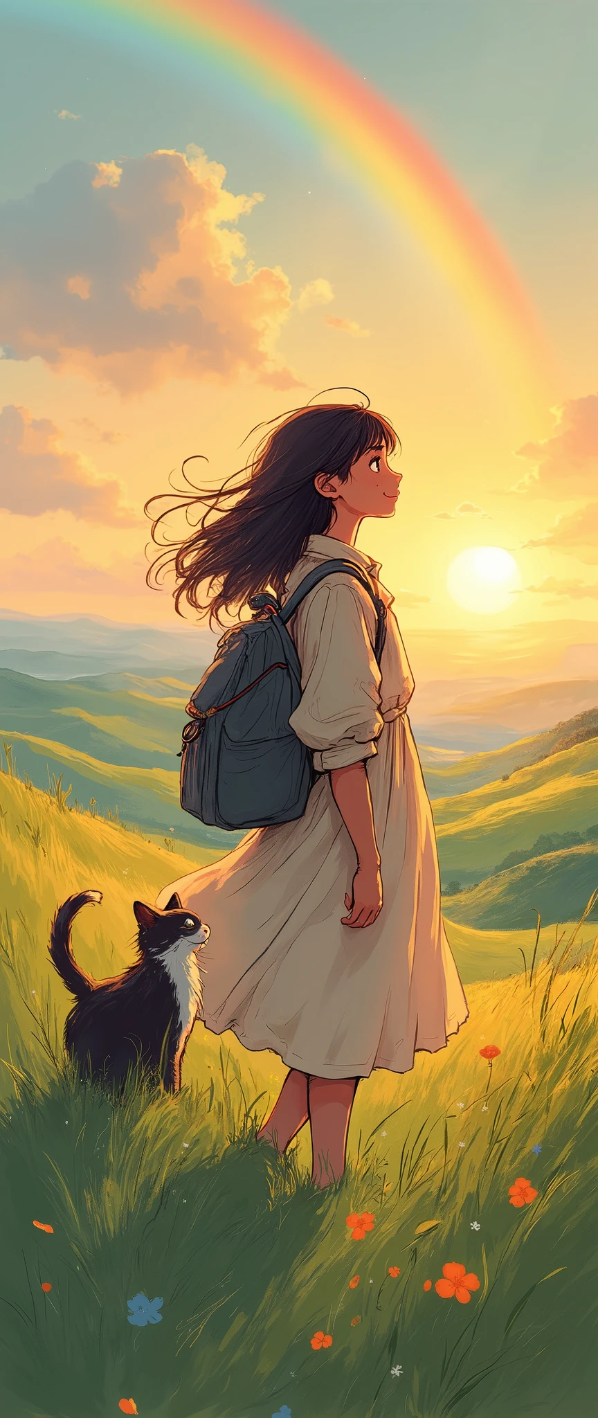 (Masterpiece:1.2, High-quality ,Mirror Finish , Movie experience , best illustrations :2.0, highly detailed ),8k, wallpaper,(My cat's trip),(woman:2.0),(womanと猫が旅をしている:2.0),(Beautiful Hills:2.0),(Beautiful sun and rainbow :2.0),( laid-back),( calm),(Life)
