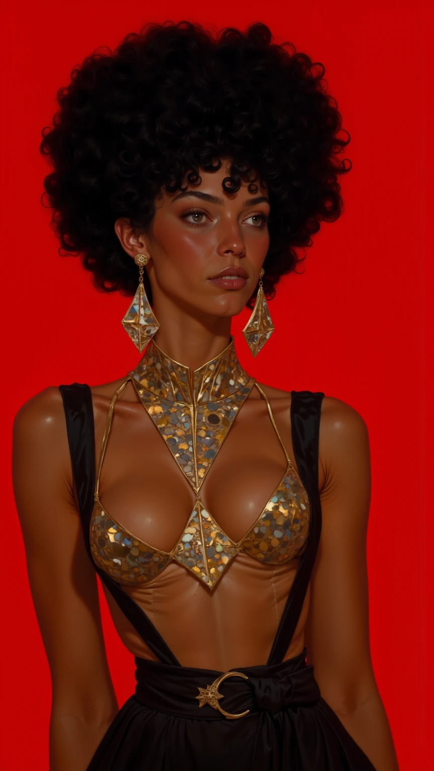 Asian Woman naked in gold body jewelry, she  in futuristic golden tent,1girl, ((golden hearing aid)), Highly Detailed Face and Skin Texture, ((white skin)) big green eyes, slim face, juicy lips, bimbo lips, big puffy breast, mikro breastplates ((afro curly Black hair)), Black hair, pale skin, Detailed Perfect Eyes, Double Eyelids, cyberpunk gold metal jewelry BDSM, gold metal cyberpunk tapes on body, metal Collar, metal gold futuristic tiny Panties t-strings, metal jewelry panties, metal jewelry stickini, metal jewelry cupless bra, metal clothes, gold body jewelry, wet skin, she  naked. White skin, ((She  in the golden tent)). ((The tent  dome-shaped)). Rent in the wild jungle, masterpiece