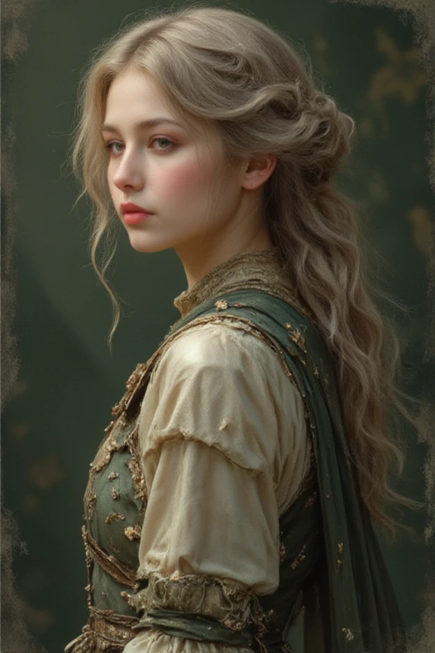 真实感, dark fantasy style, John Tolkien style, Small painting by Jean-Baptiste Monge, portraite of a, looks from the front, Soft facial features,  Angel Girl, Average height, slightly plump dark pink lips "Cool eyebrows, dark brown almond shaped eyes, looking at away,  dark colored hair, hair braided in a long thick tight braid,  classic braided hairstyle, slightly upturned nose,  Hand detailing, in the form of a Valkyrie,  Carol Buck style, behind his back are huge open angel wings, Sword in hand, Slightly naked, Priestesses, dressed in white and gold clothes, holy golden armor, Celestial Queen, Standing next to a motorcycle, rain is dripping, The city, megalopolis, city trail, big house, glass skyscraper Jean-Baptiste Monge, anthropomorphic --ar 2:3 --testp -optimistic;